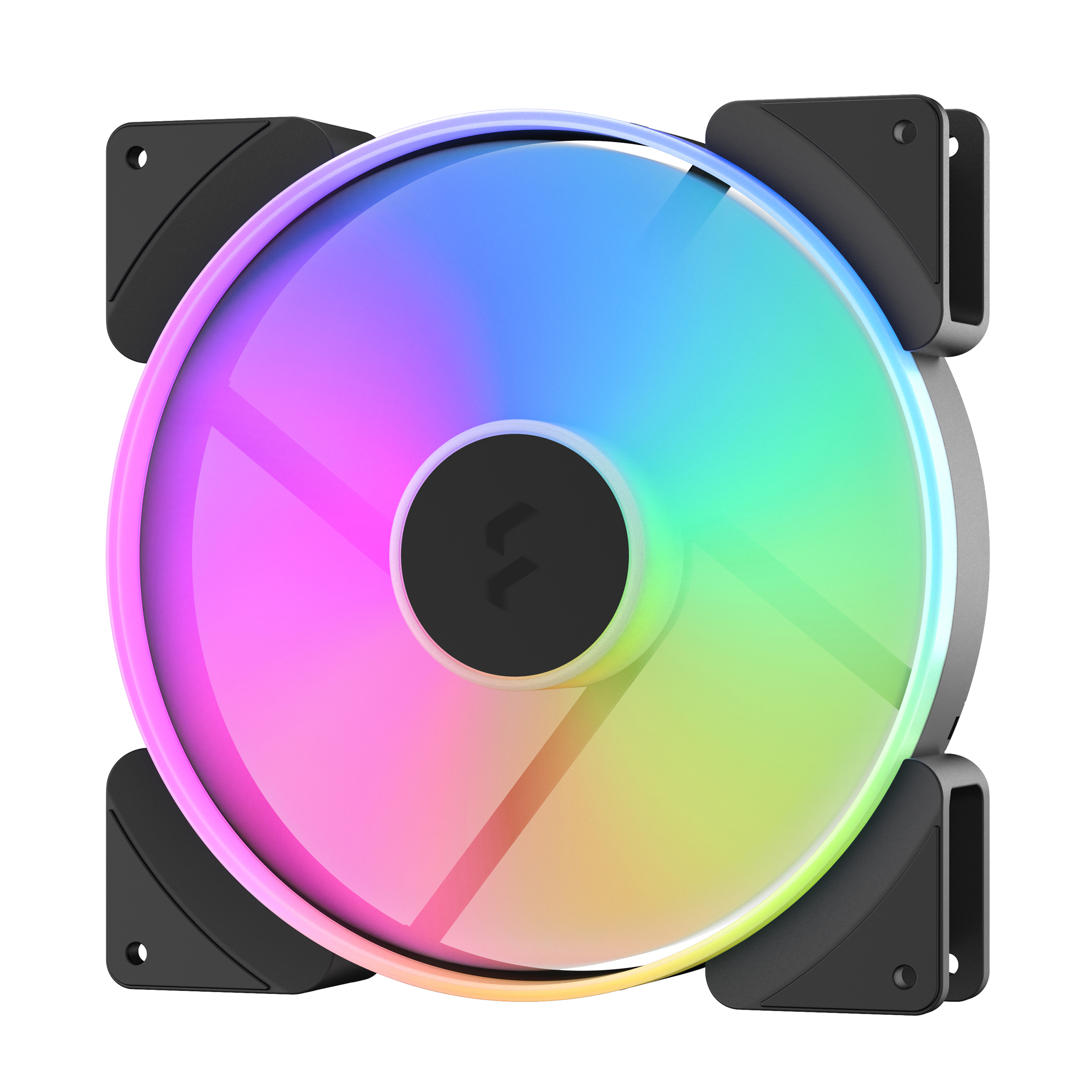 Una ventola per computer con un display luminoso arcobaleno. Ha un centro nero e angoli di montaggio.