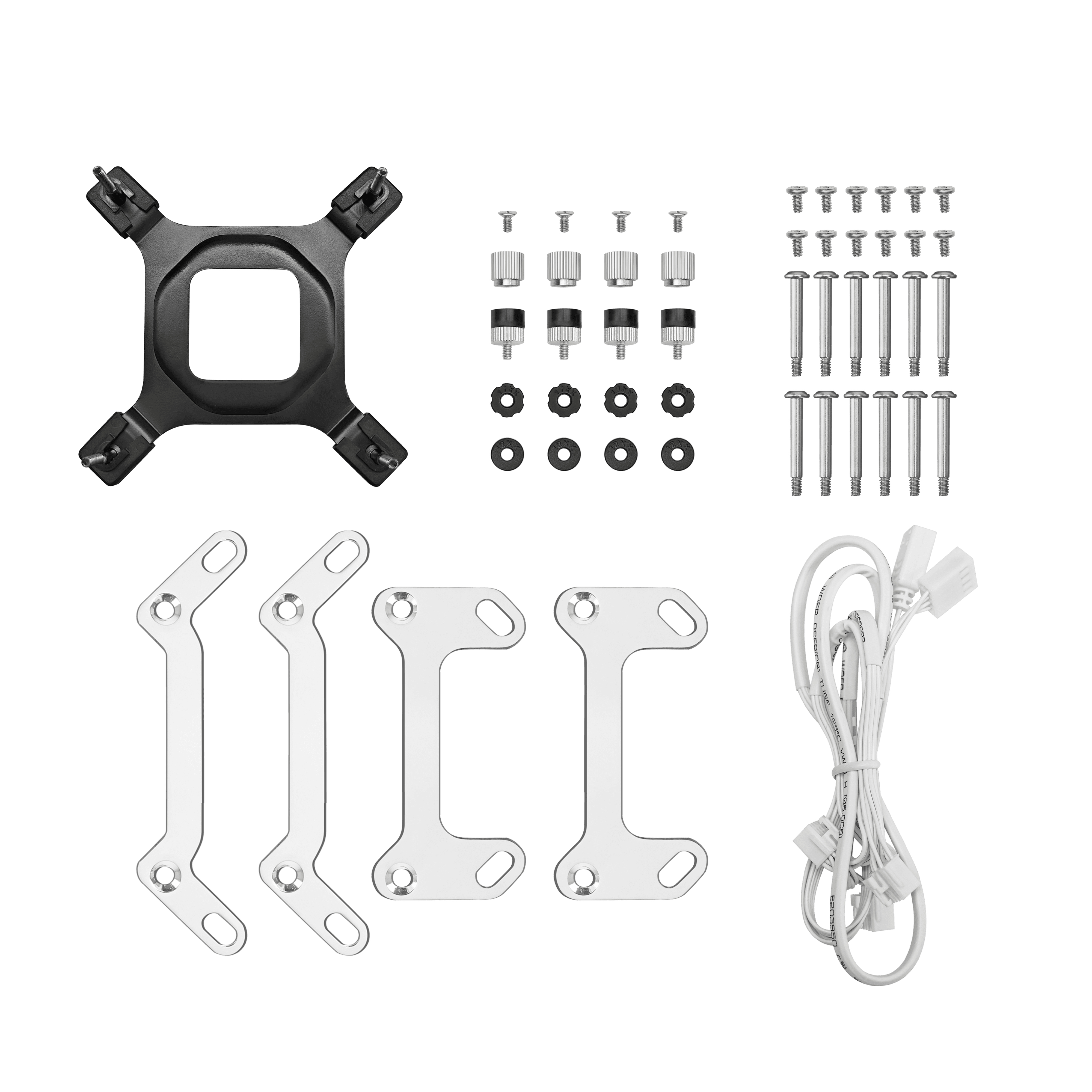 An overhead shot displays computer components: a CPU cooler bracket, screws, mounting plates, and white cables.