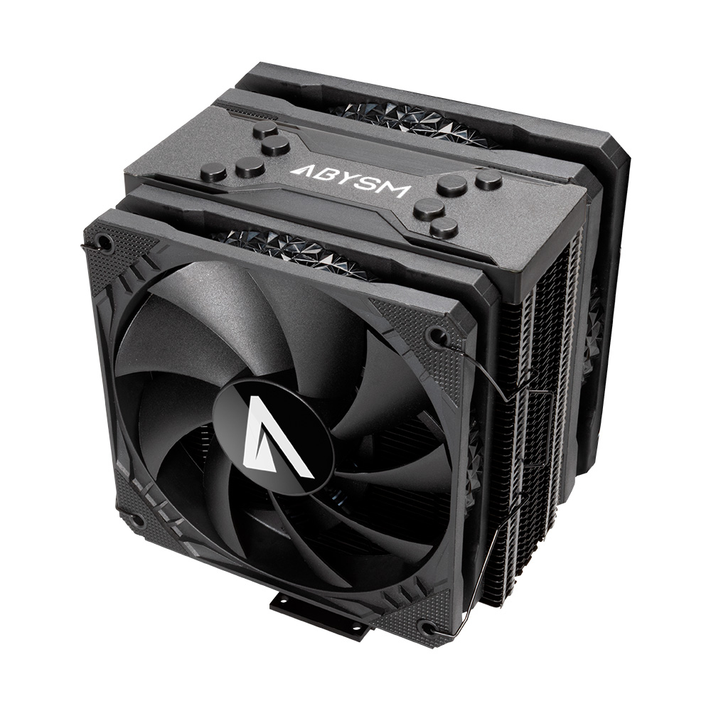 Un dissipatore CPU nero con ventola. Il dissipatore ha più strati di alette e il marchio ABYSM è visibile.