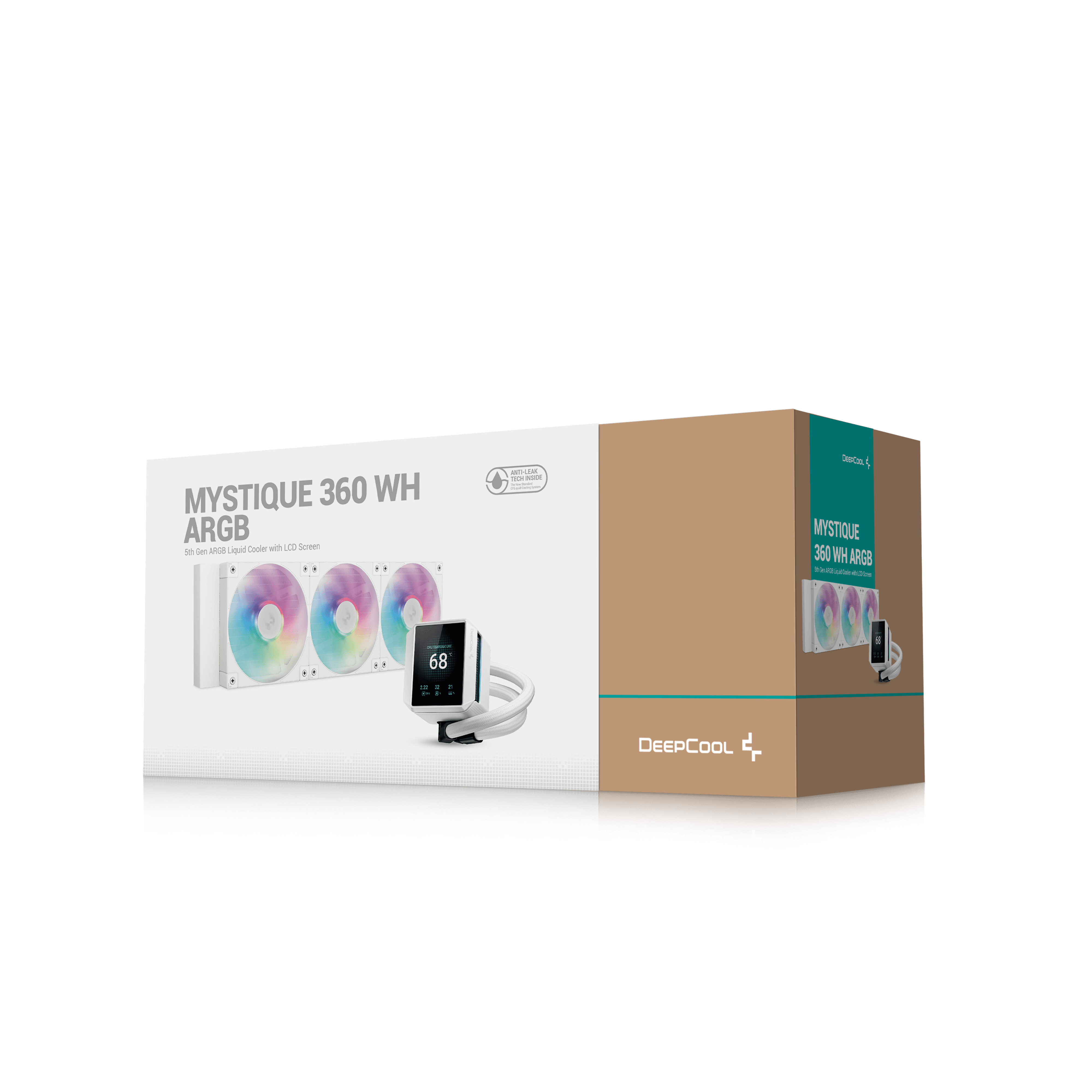 Box with a liquid cooler kit, fans with RGB lights, and an LCD screen showing temperature.