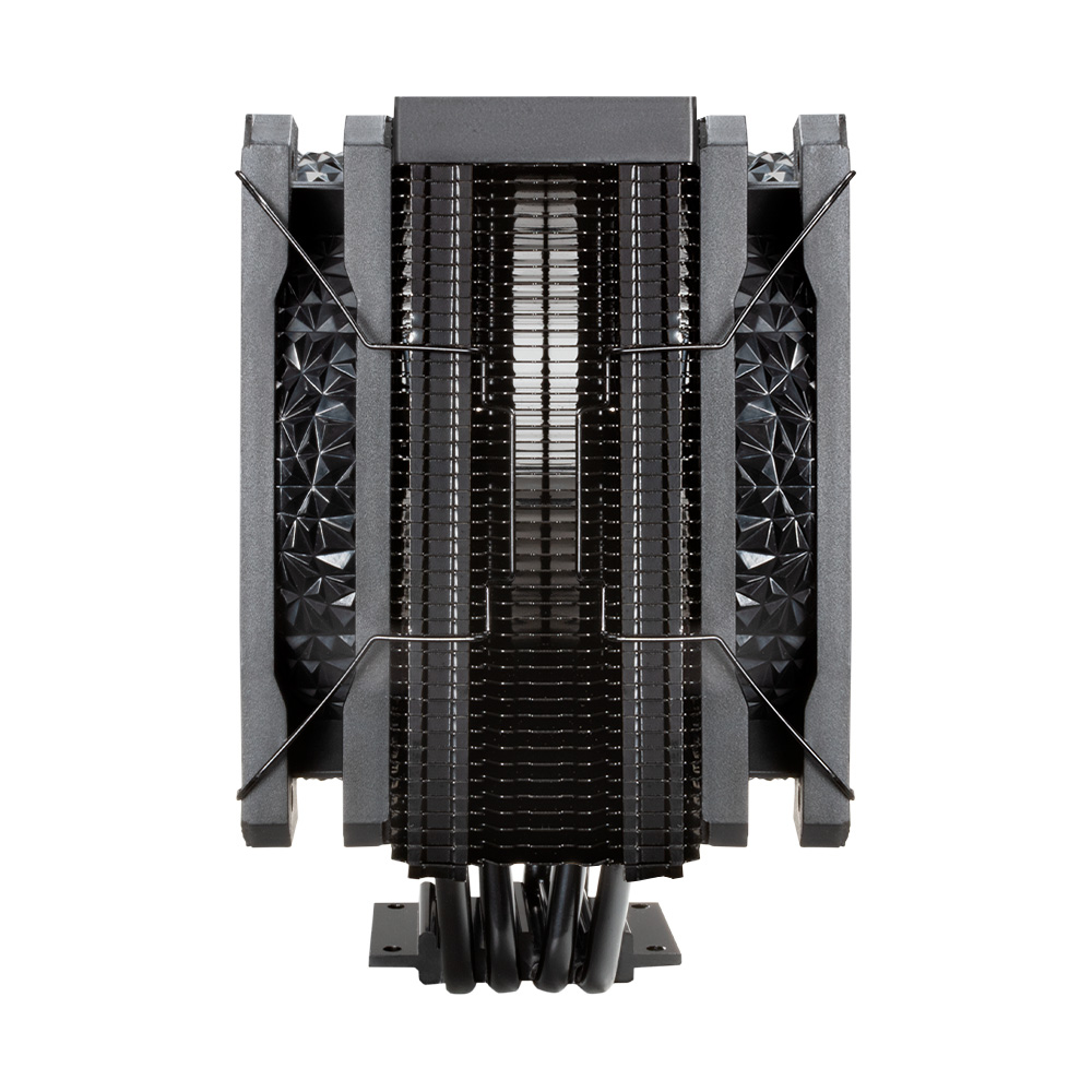 Un dissipatore CPU con dissipatore, alette e ventola neri. Supporti grigi incorniciano la ventola. Cavi neri collegano alla base.