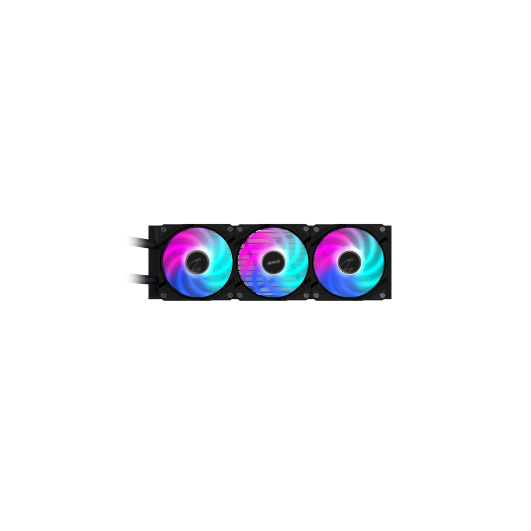 Drei PC-Lüfter mit lebendiger RGB-Beleuchtung. Jeder Lüfter hat einen schwarzen Rahmen und ein zentrales Logo. Der Hintergrund ist weiß.