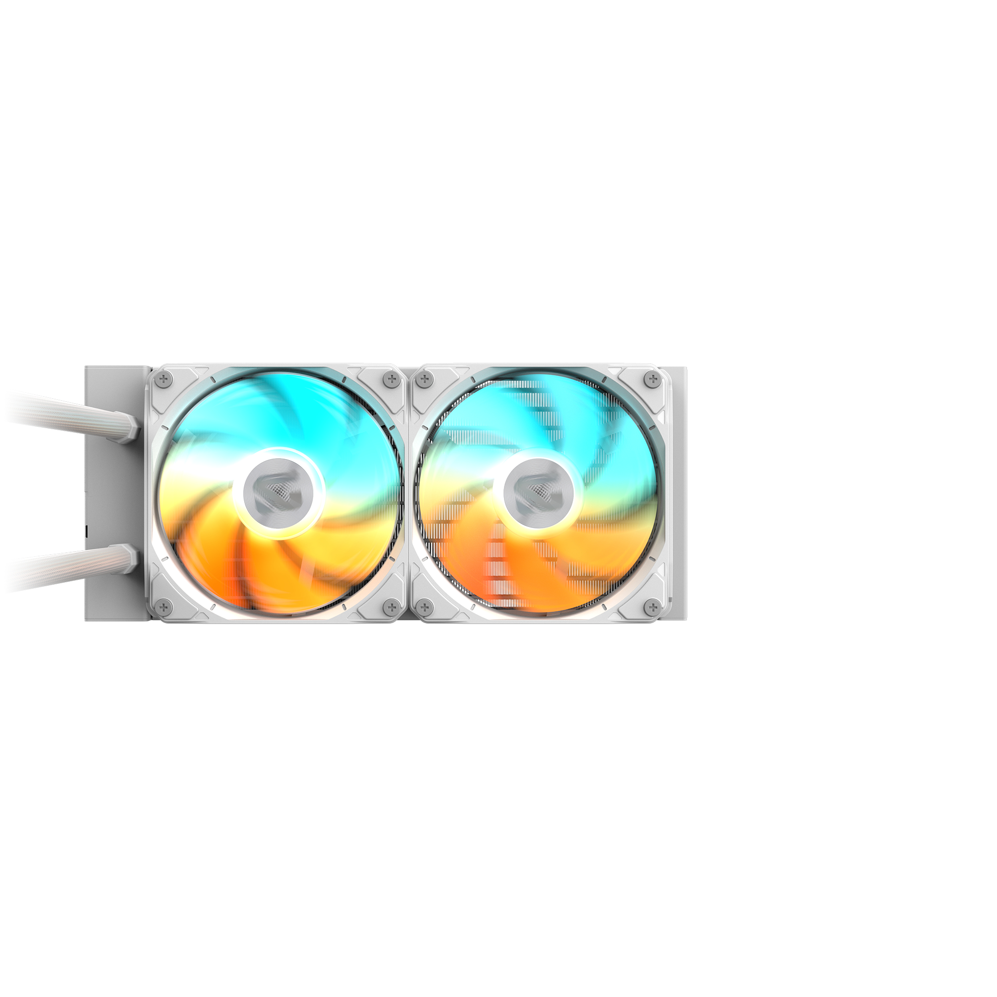 A computer liquid cooler with two fans. Each fan has blades with orange, yellow, and blue gradients. White frame.