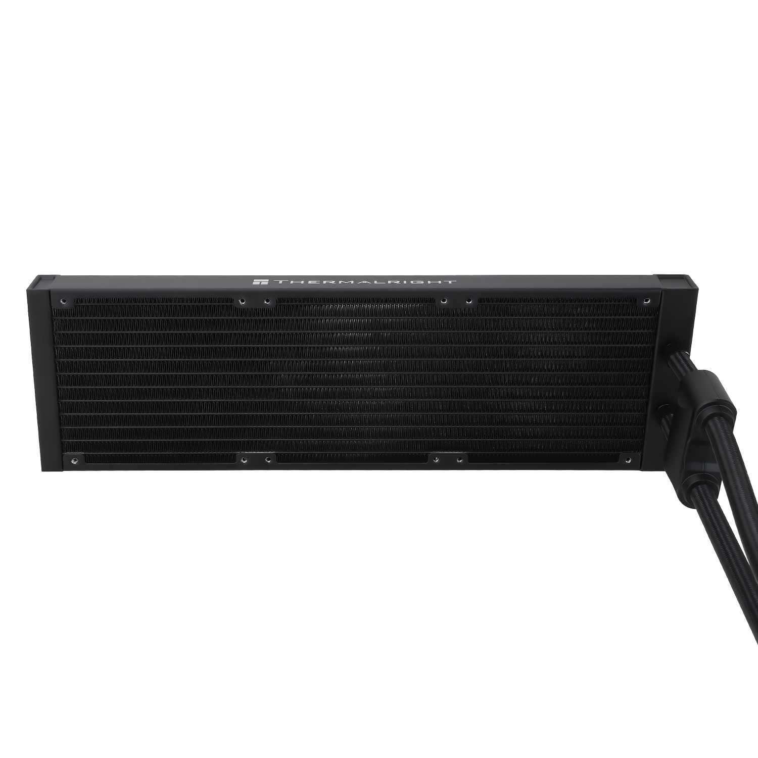 A black radiator with the brand name THERMALRIGHT. It has a rectangular shape and black tubes on the right side. White background.