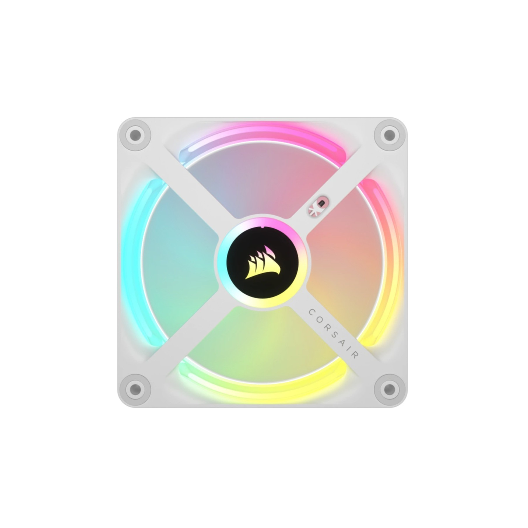 Ventilateur d'ordinateur carré blanc avec éclairage RVB coloré. Le centre porte le logo Corsair. Le ventilateur a un cadre blanc.