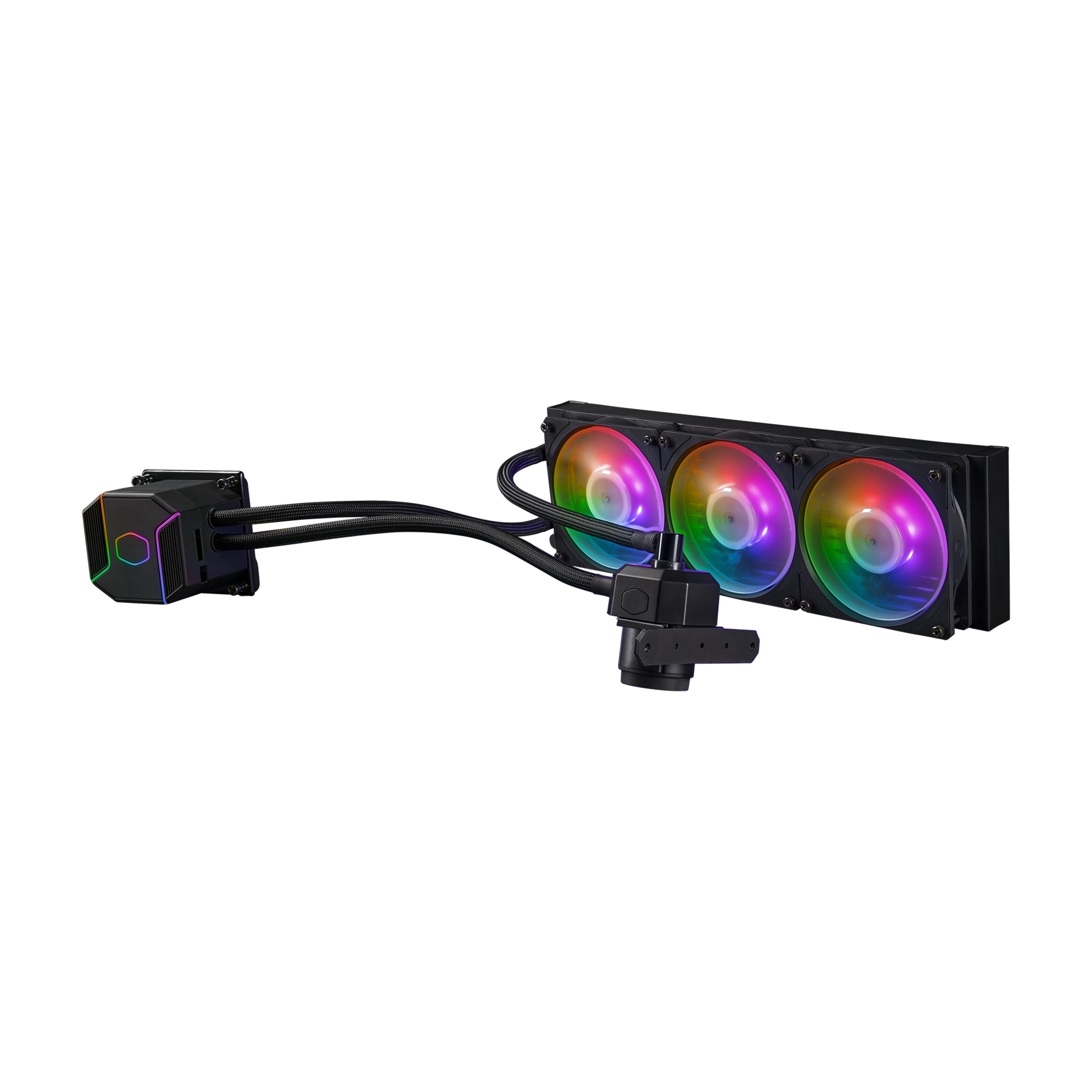 Un dissipatore a liquido per CPU nero con tre ventole e un waterblock. Le ventole hanno l'illuminazione RGB.