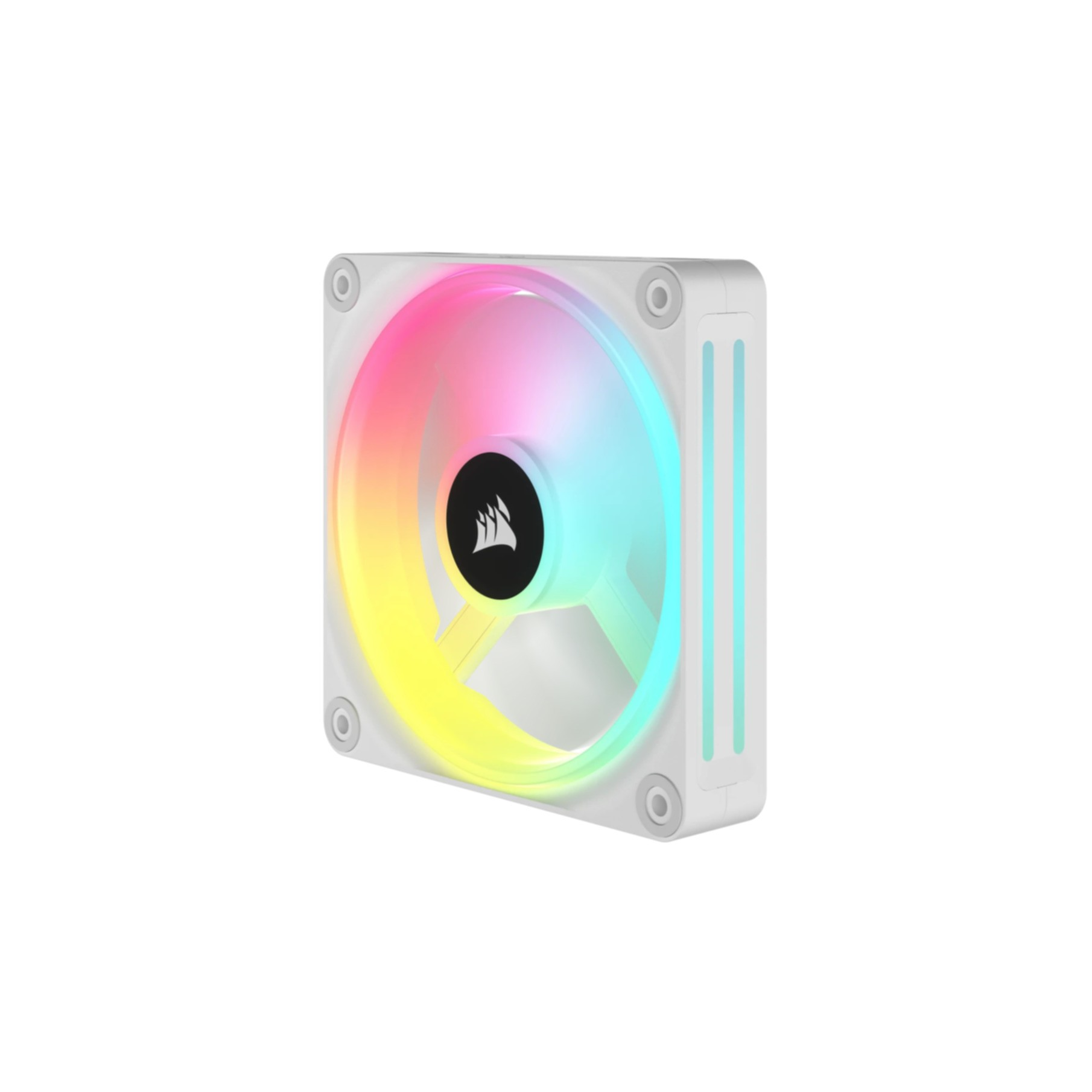 Ventilateur d'ordinateur blanc avec éclairage RVB. Le ventilateur a un logo noir au centre.
