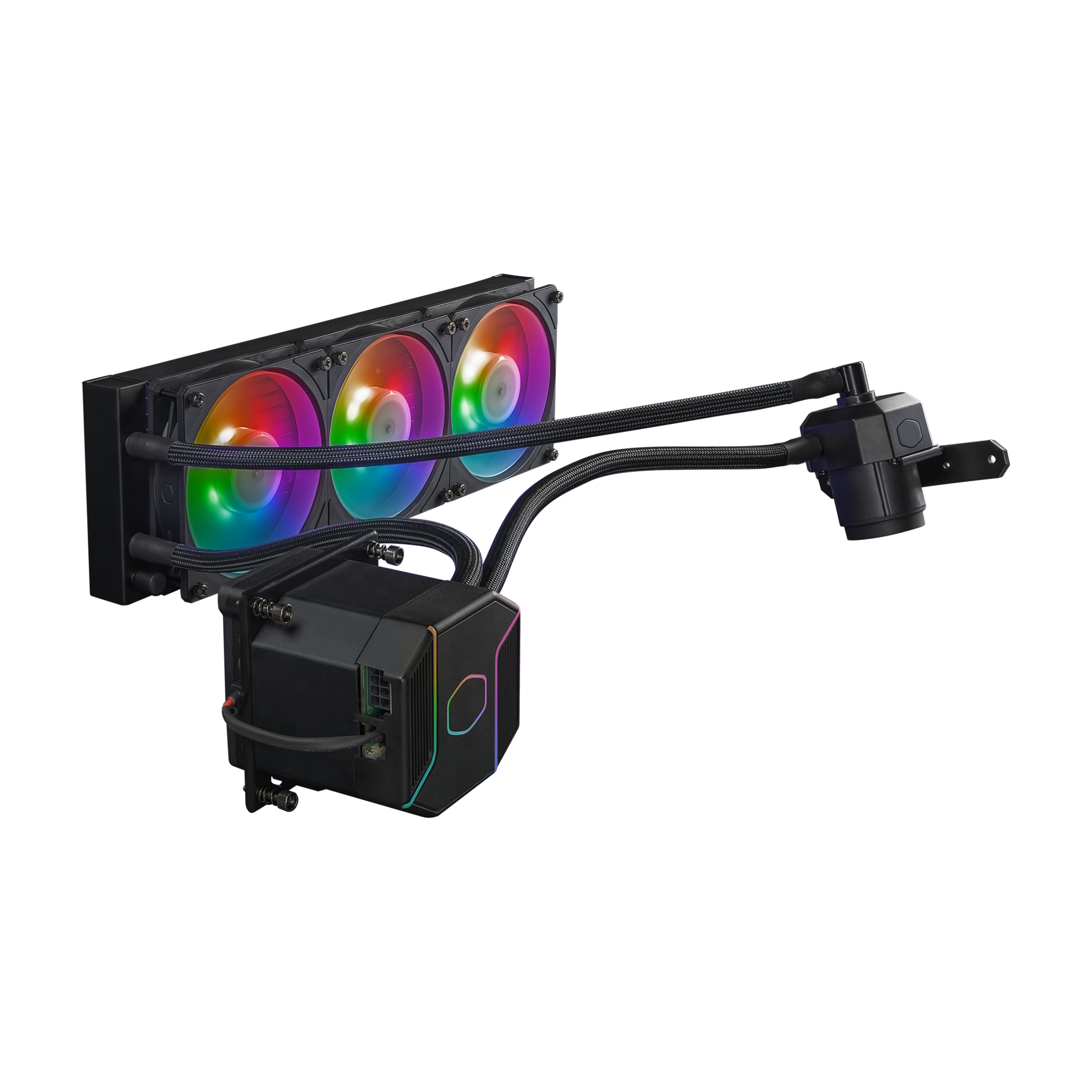 Un dissipatore CPU nero con tre ventole con illuminazione RGB, tubi neri e una pompa nera. Lo sfondo è bianco.