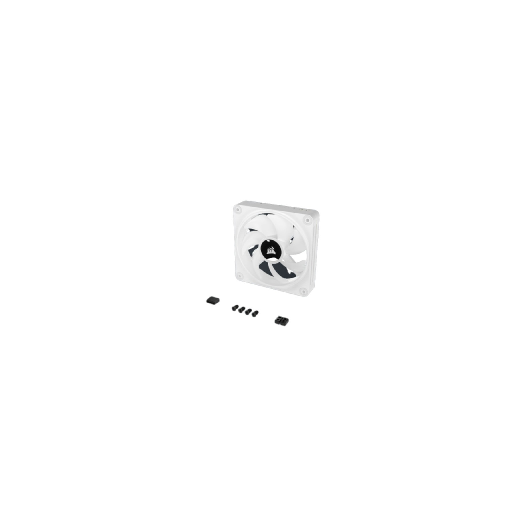 Ventilateur d'ordinateur blanc avec pales noires et logo Corsair, avec plusieurs coussinets de montage noirs.