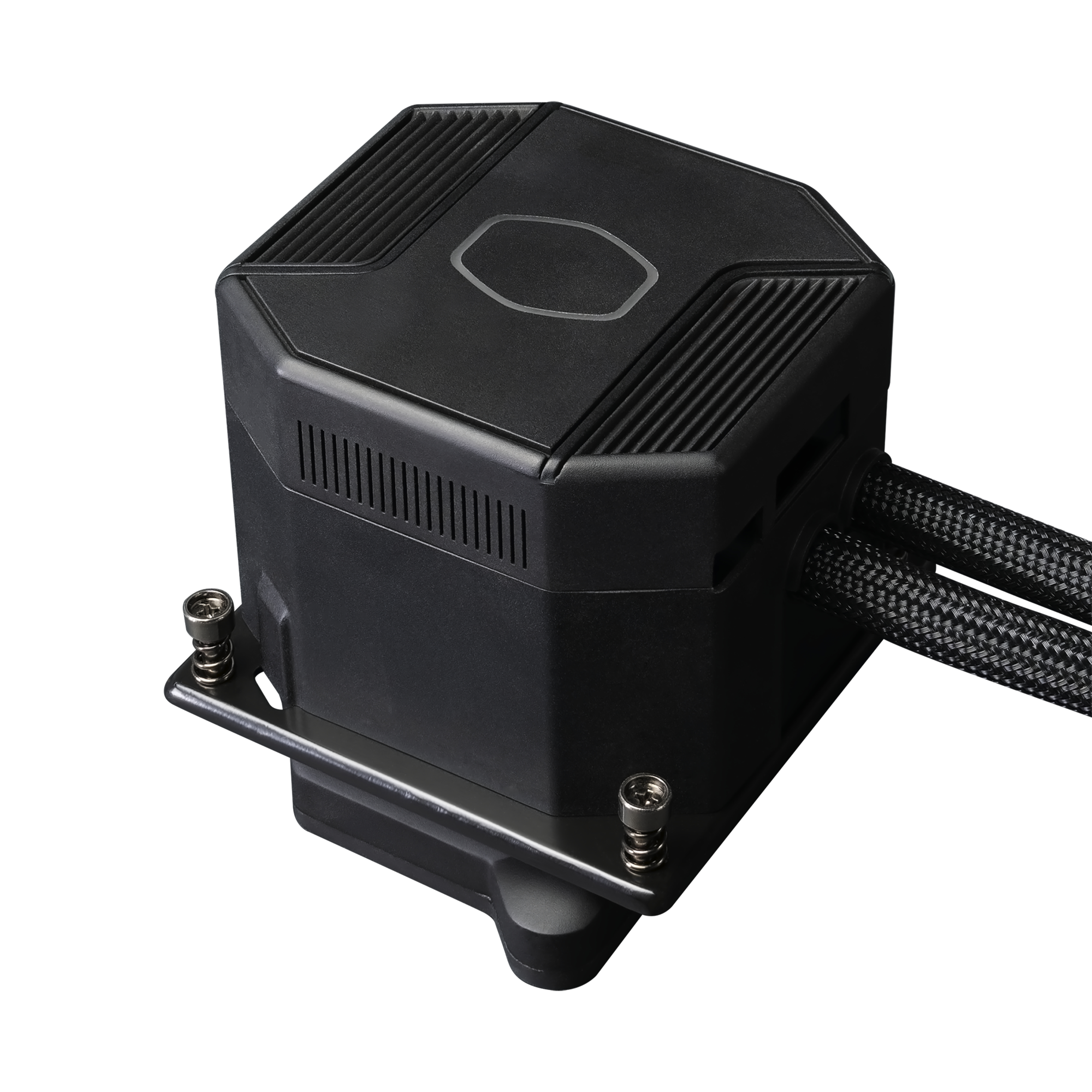 Un sistema di raffreddamento per computer nero. Ha una parte superiore quadrata, due tubi intrecciati e una staffa di montaggio con viti.