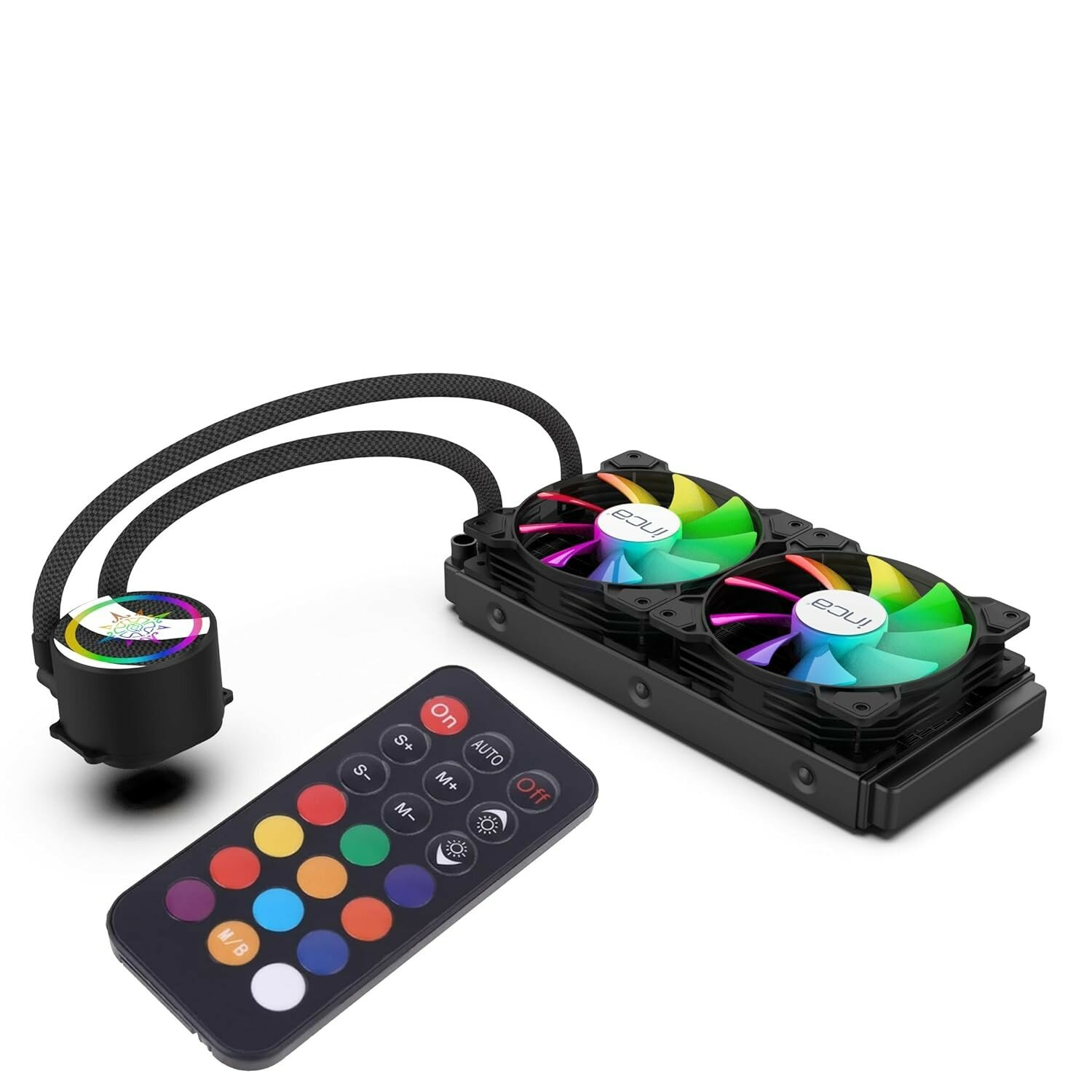 Un dissipatore a liquido per computer nero con ventole. Sotto c'è un telecomando. Le ventole hanno luci arcobaleno.