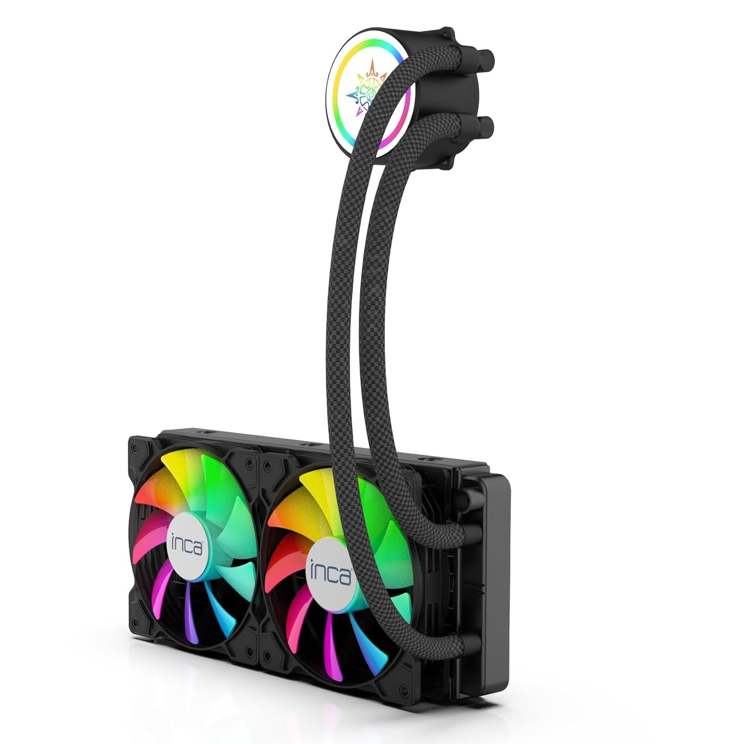 Un dissipatore a liquido Inca nero con due ventole. Le ventole mostrano un effetto arcobaleno e i tubi sono collegati in alto.
