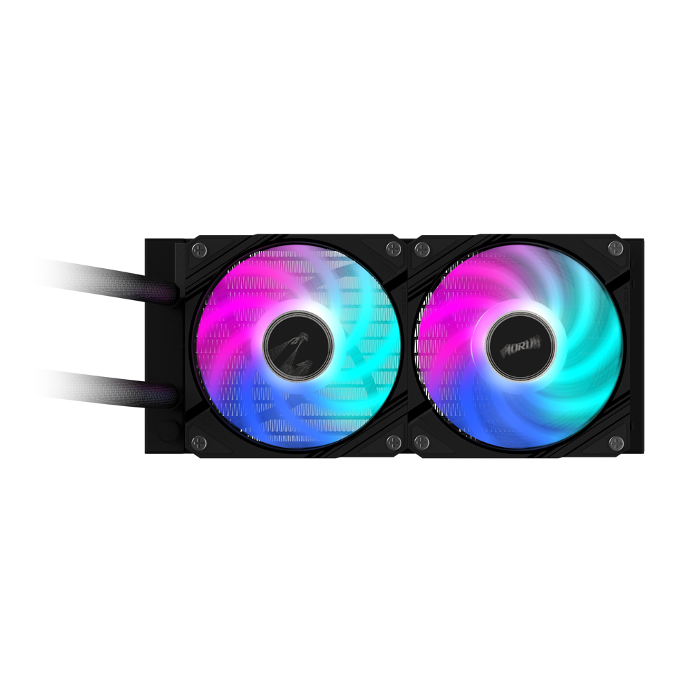 Ein Flüssigkeitskühler für den Computer. Zwei Ventilatoren mit bunten Lichtern. Schwarzer Rahmen mit AORUS-Logo. Schläuche links.