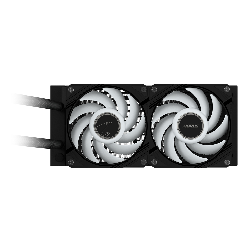 Zwei weiße Lüfter mit schwarzen Rahmen. Ein Lüfter zeigt das AORUS-Logo. Die Lüfter sind durch schwarze Schläuche verbunden.