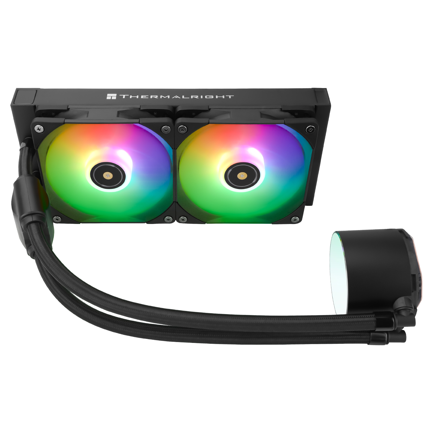 Gökkuşağı renkleriyle aydınlatılmış iki fanlı siyah CPU soğutucu, siyah bir silindire bağlı. Thermalright markası görünür.