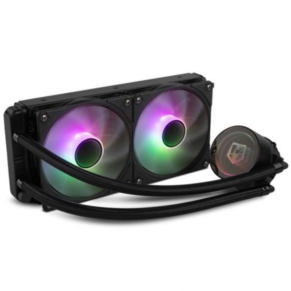 Een zwarte computer vloeistofkoeler met twee ventilatoren, buizen en een pomp. De ventilatoren hebben kleurrijke lichten.