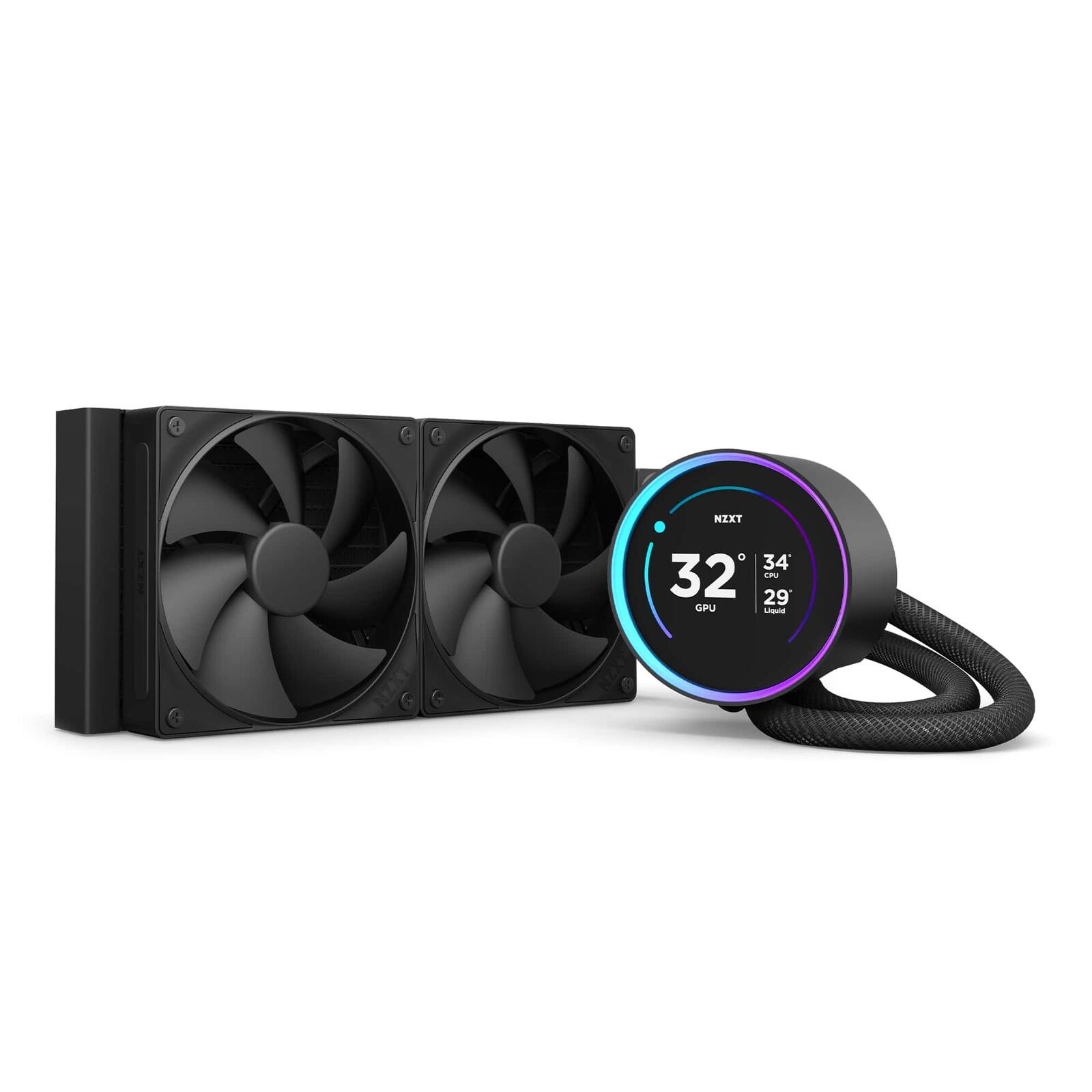Een zwarte NZXT vloeistofkoeler met twee ventilatoren en een cirkelvormig display met temperaturen. De achtergrond is wit.