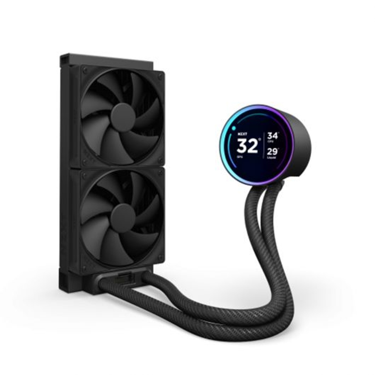 Zwart computerkoelsysteem met twee ventilatoren, een cirkelvormig display met temperaturen en verbindingsbuizen op een witte achtergrond.