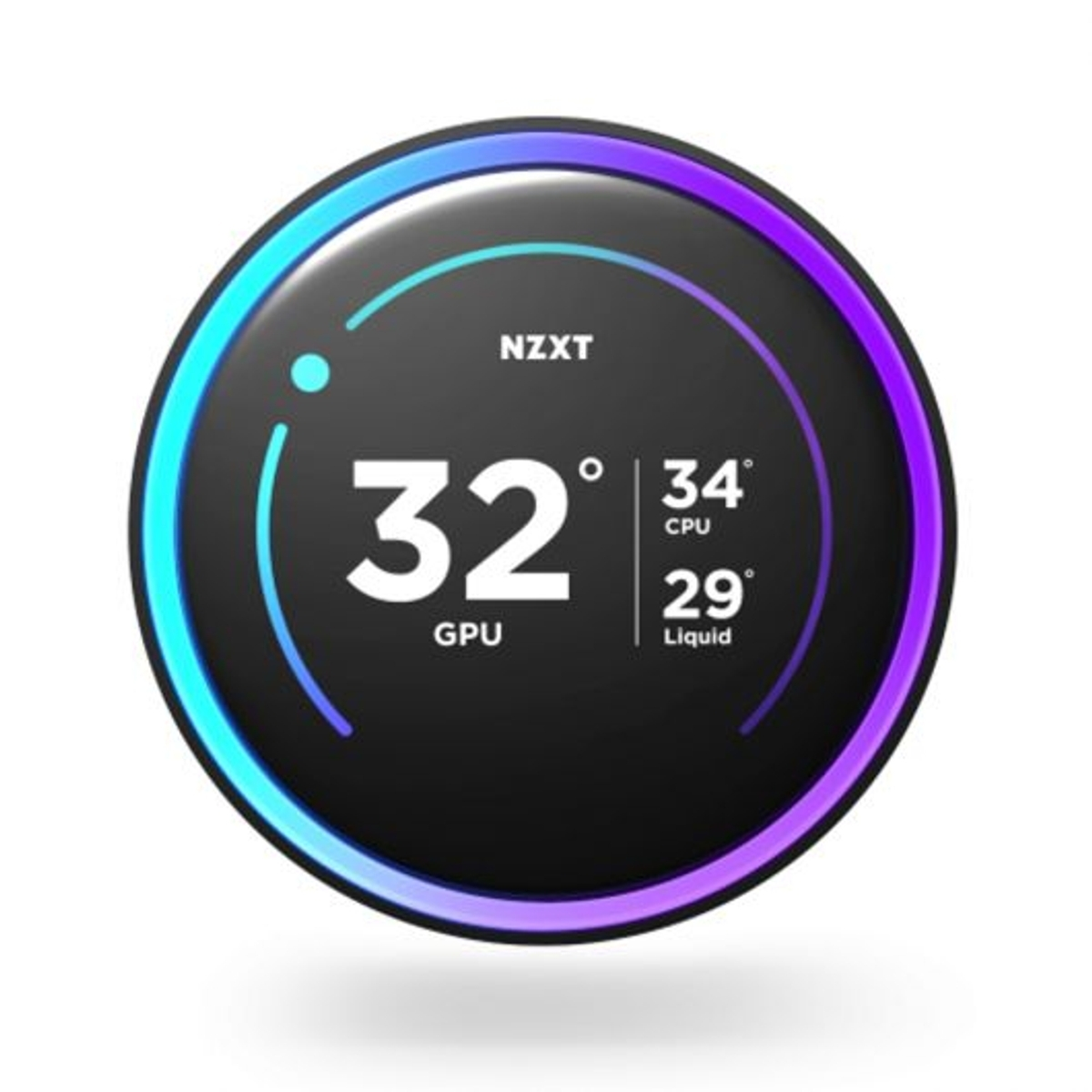 Un dispositivo NZXT circolare mostra le temperature: GPU a 32°, CPU a 34° e liquido a 29°. Il dispositivo ha una sfumatura blu/viola.