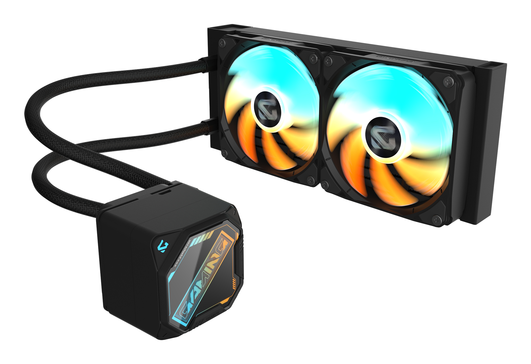 A black PC water cooler, with two fans showing blue and orange light. It has tubes and a block with gaming logo.