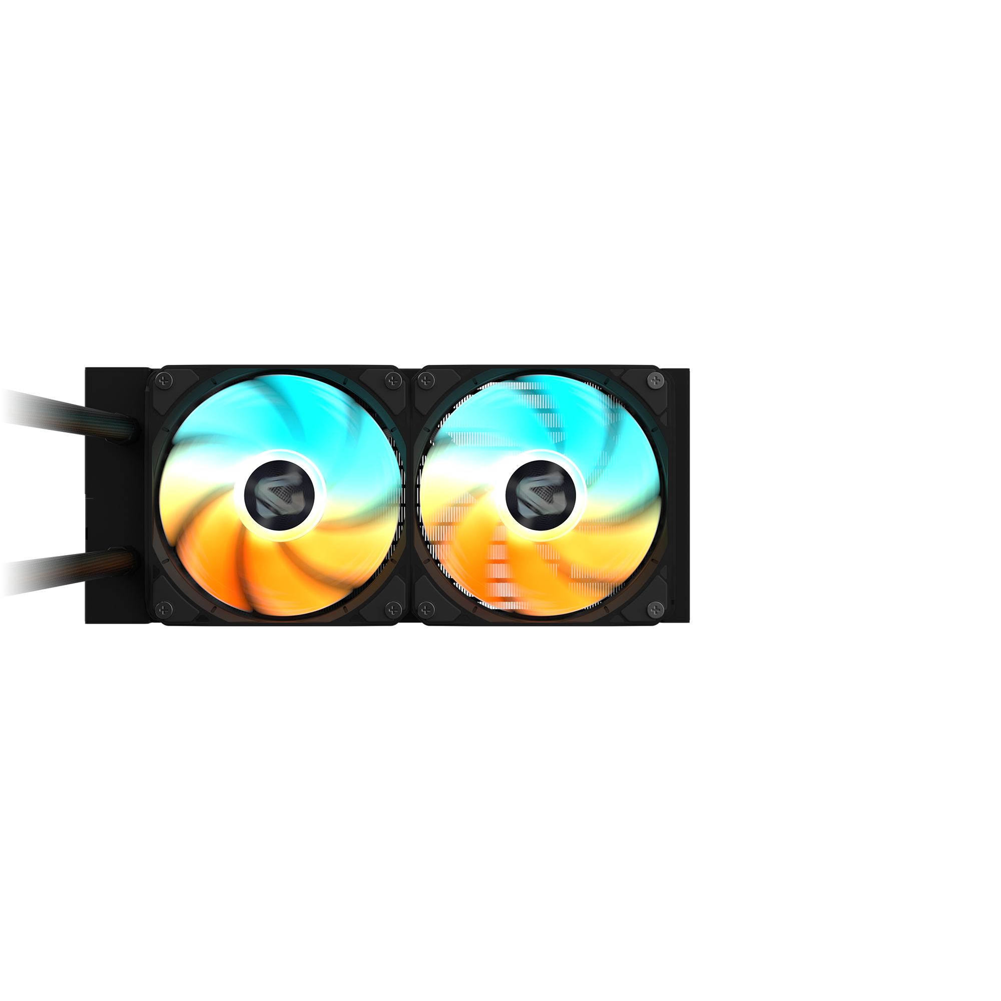 A computer CPU cooler with two fans. The fans have blue, yellow, and orange gradient colors. Black housing and tubes are visible.