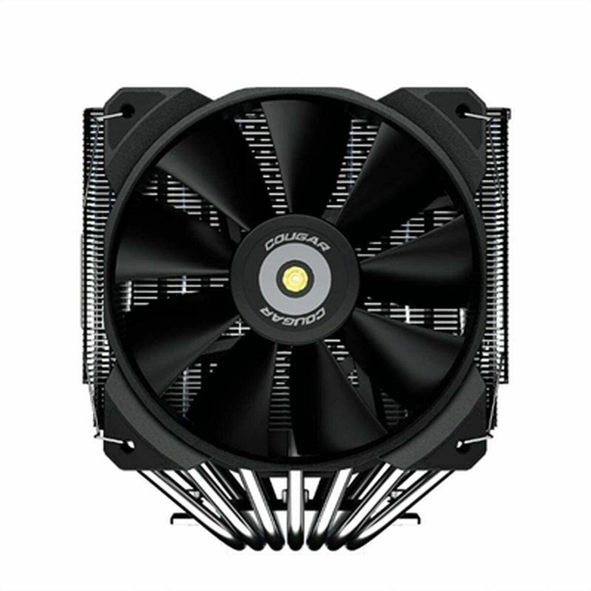 Una ventola di raffreddamento della CPU Cougar nera. La ventola ha più pale davanti a un dissipatore con il logo Cougar al centro.