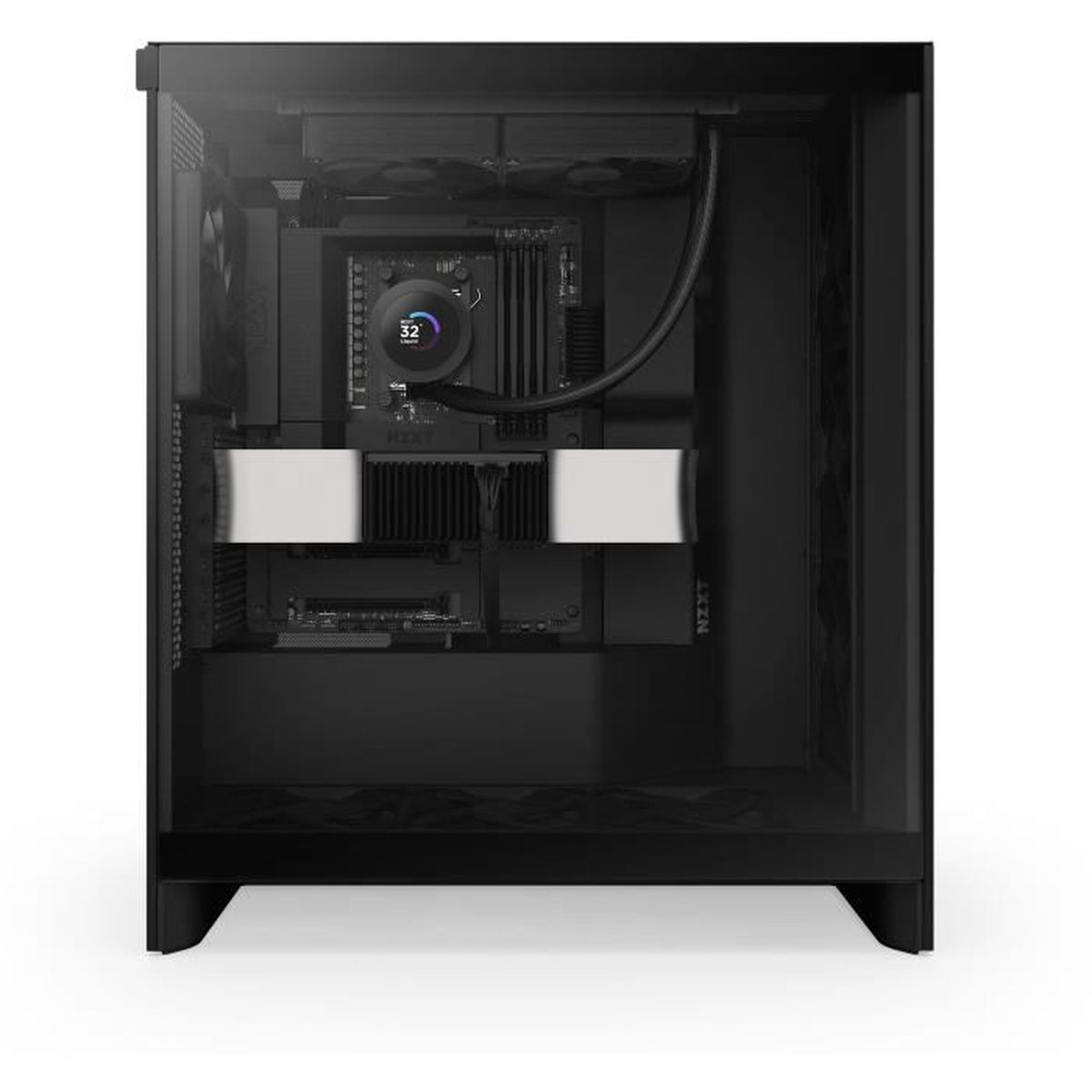 In een zwarte pc-behuizing is een CPU-koeler met temperatuurweergave zichtbaar. Diverse computeronderdelen bevinden zich in de behuizing.