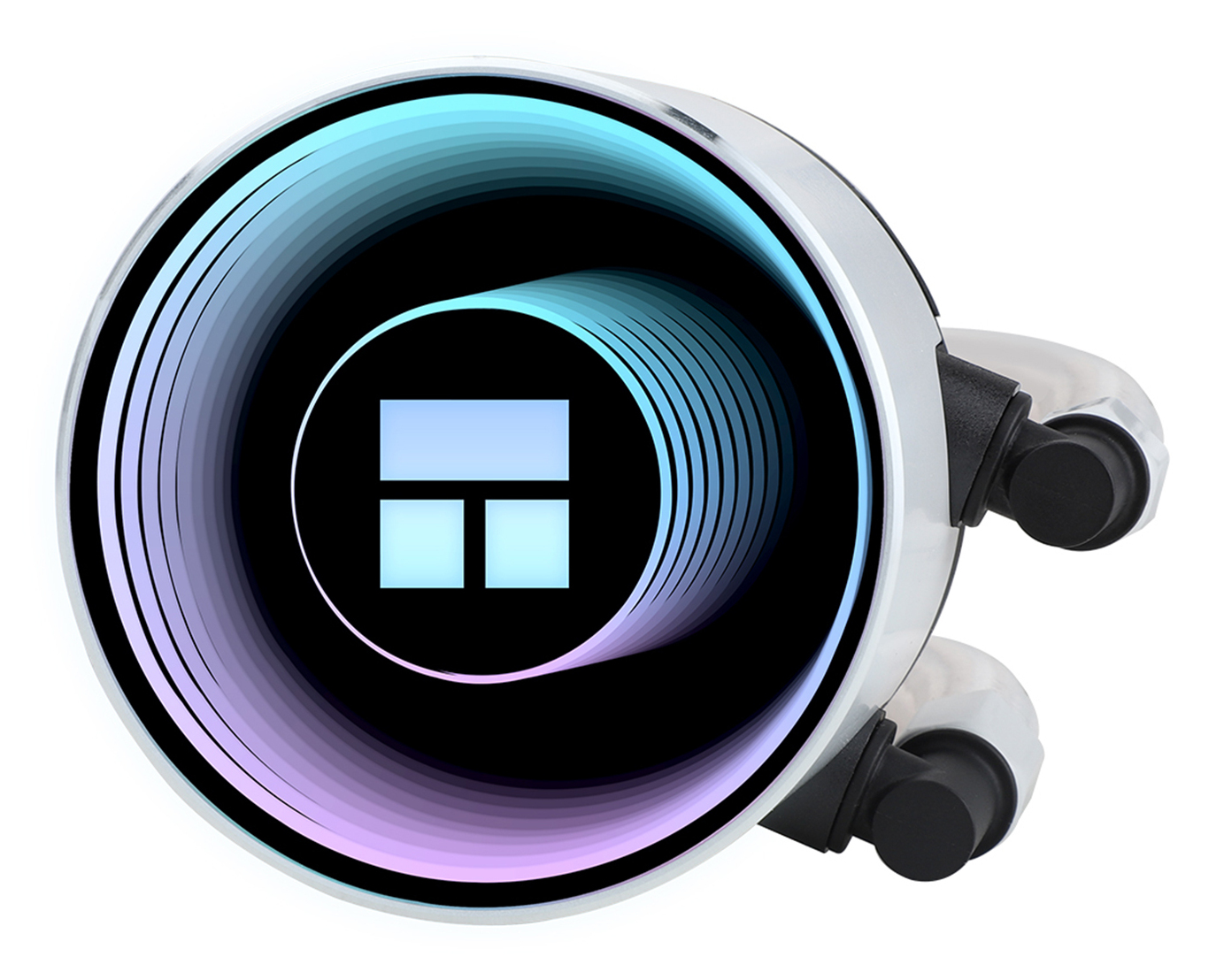 Eine kreisförmige Computer-Kühlkomponente, weiß mit schwarzen Akzenten, mit leuchtendem Innendesign in Blau- und Lilatönen.