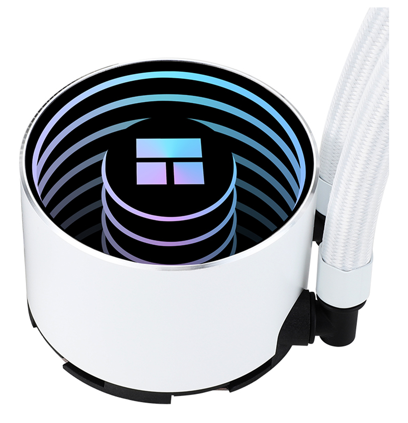 Ein weißer CPU-Kühler mit kreisförmigem Design. Er hat ein schwarzes Innere mit blauen und violetten Lichtern. Zwei weiße Schläuche gehen vom Kühler ab.