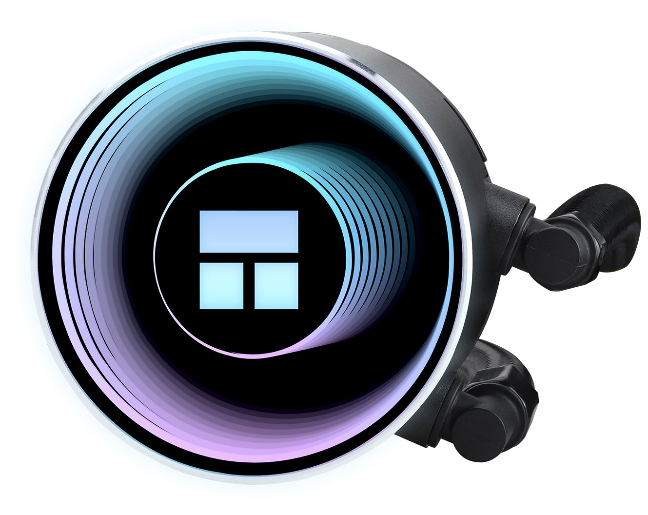 A black and silver computer cooling component. It has a central circular design with a light blue and purple gradient, and a logo.