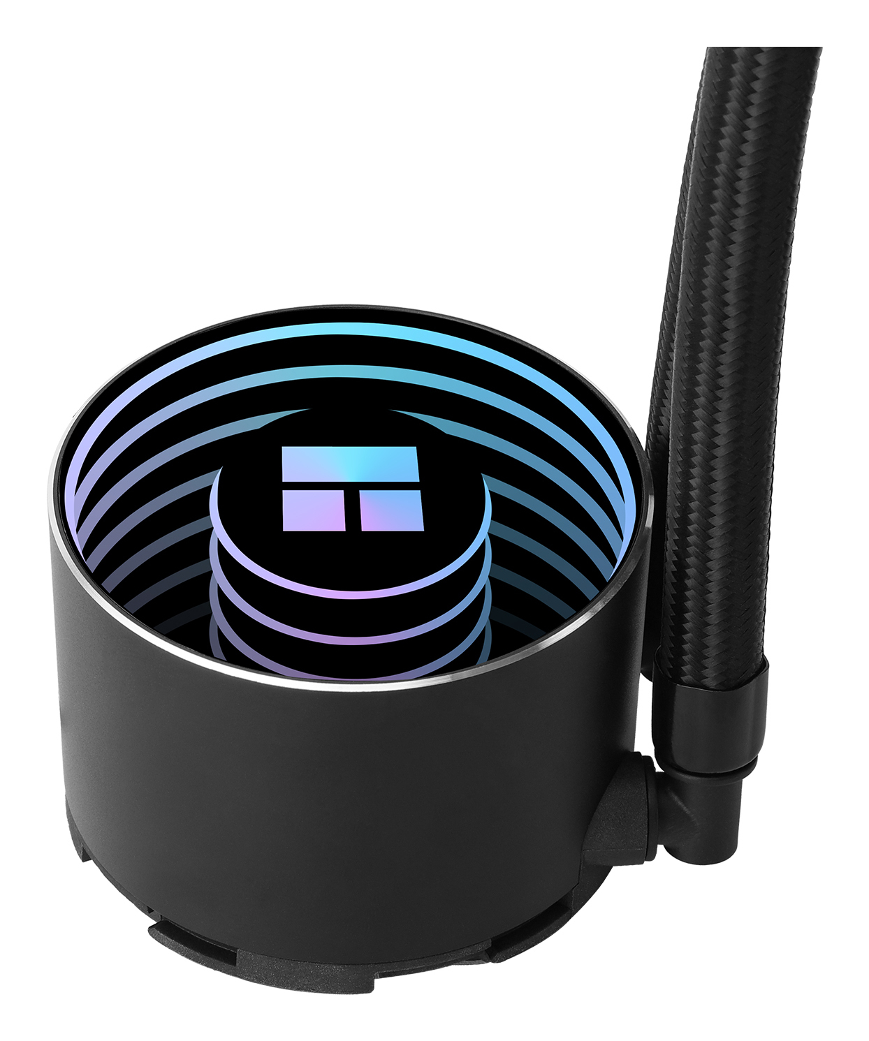 A black CPU cooler with a round design and blue and purple lights. It has two black tubes attached to it.