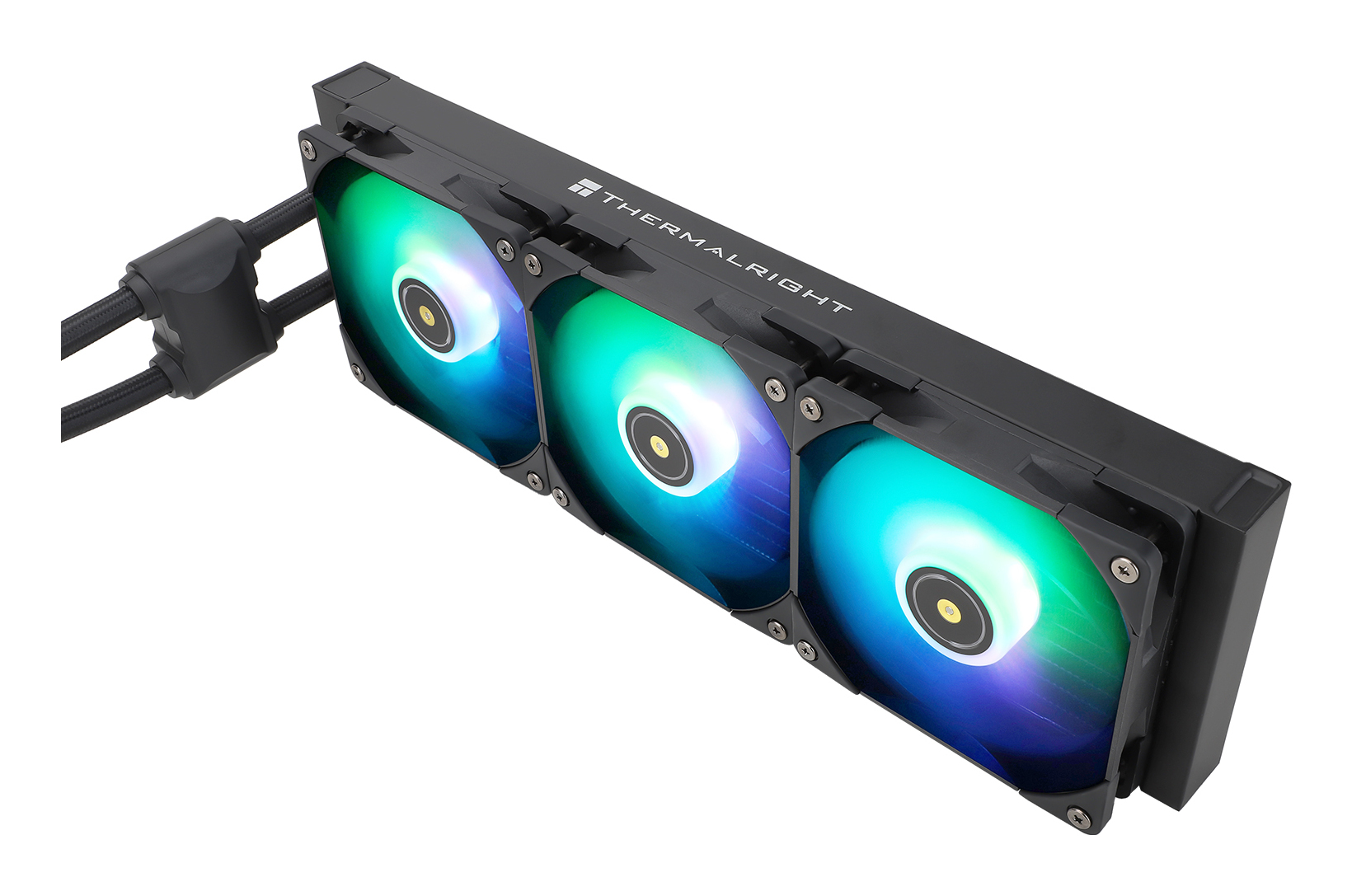 A black Thermalright liquid cooler with three RGB fans. The fans have a gradient of colors. The cooler is on a white background.