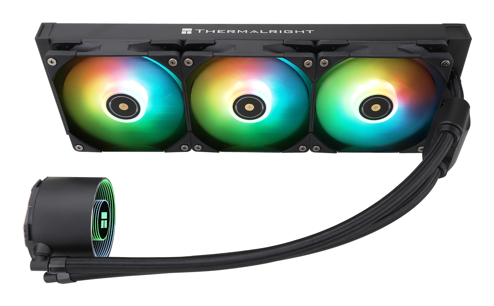 A black CPU cooler with three RGB fans, a pump, and connecting tubes. The fans have rainbow colors.