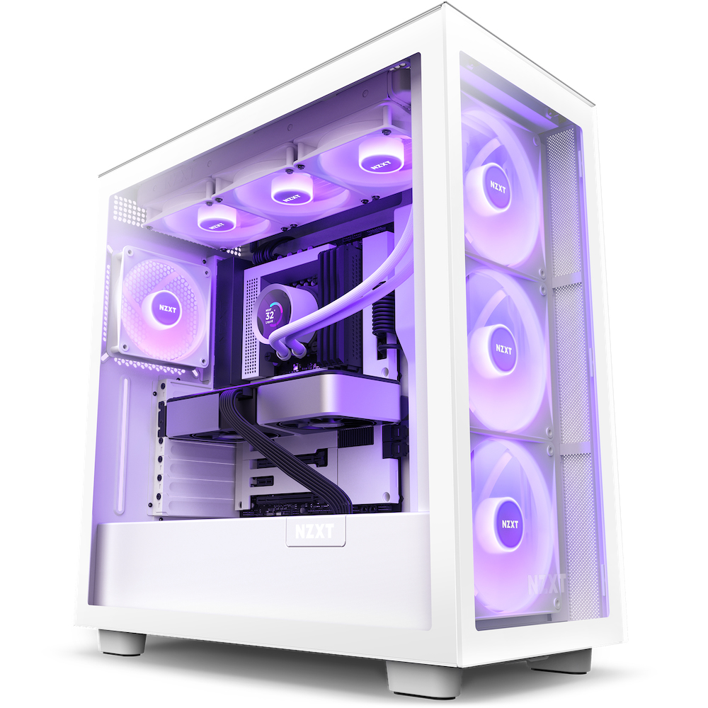 Case per computer NZXT bianco con ventole illuminate. Componenti interni visibili, tra cui una scheda grafica e un sistema di raffreddamento a liquido. Illuminazione viola e bianca.
