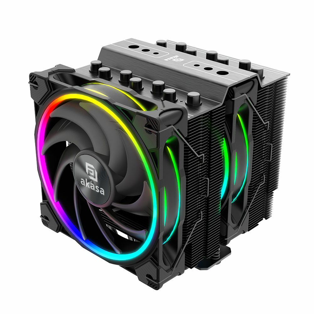 Un dissipatore CPU Akasa nero con ventola LED arcobaleno. Ha più dissipatori di calore e un design moderno ed elegante.