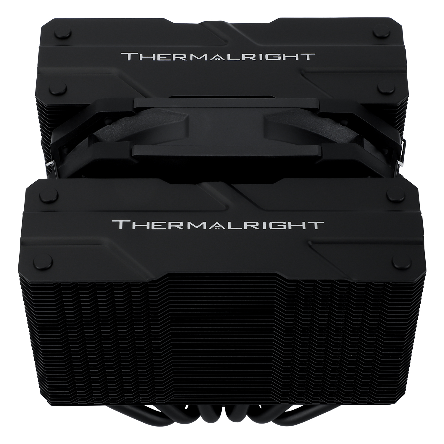 Schwarzer Thermalright CPU-Kühler. Er hat gestapelte Lamellen, zwei Blöcke mit dem Markennamen und mehrere Rohre.