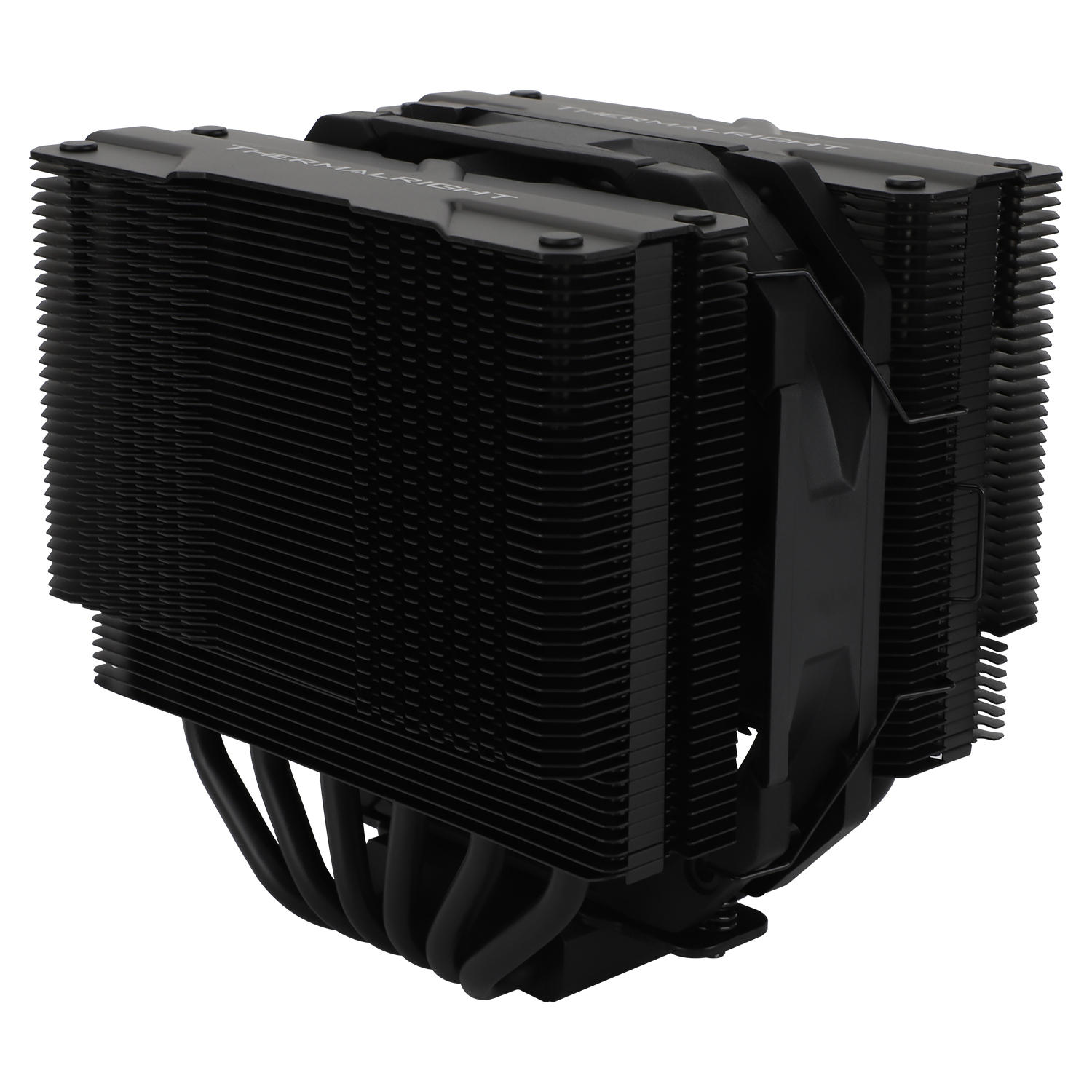 Ein schwarzer Thermalright CPU-Kühler mit mehreren Kühlkörpern und Rohren. Der Kühler ist für die PC-Kühlung konzipiert und auf weißem Hintergrund isoliert.
