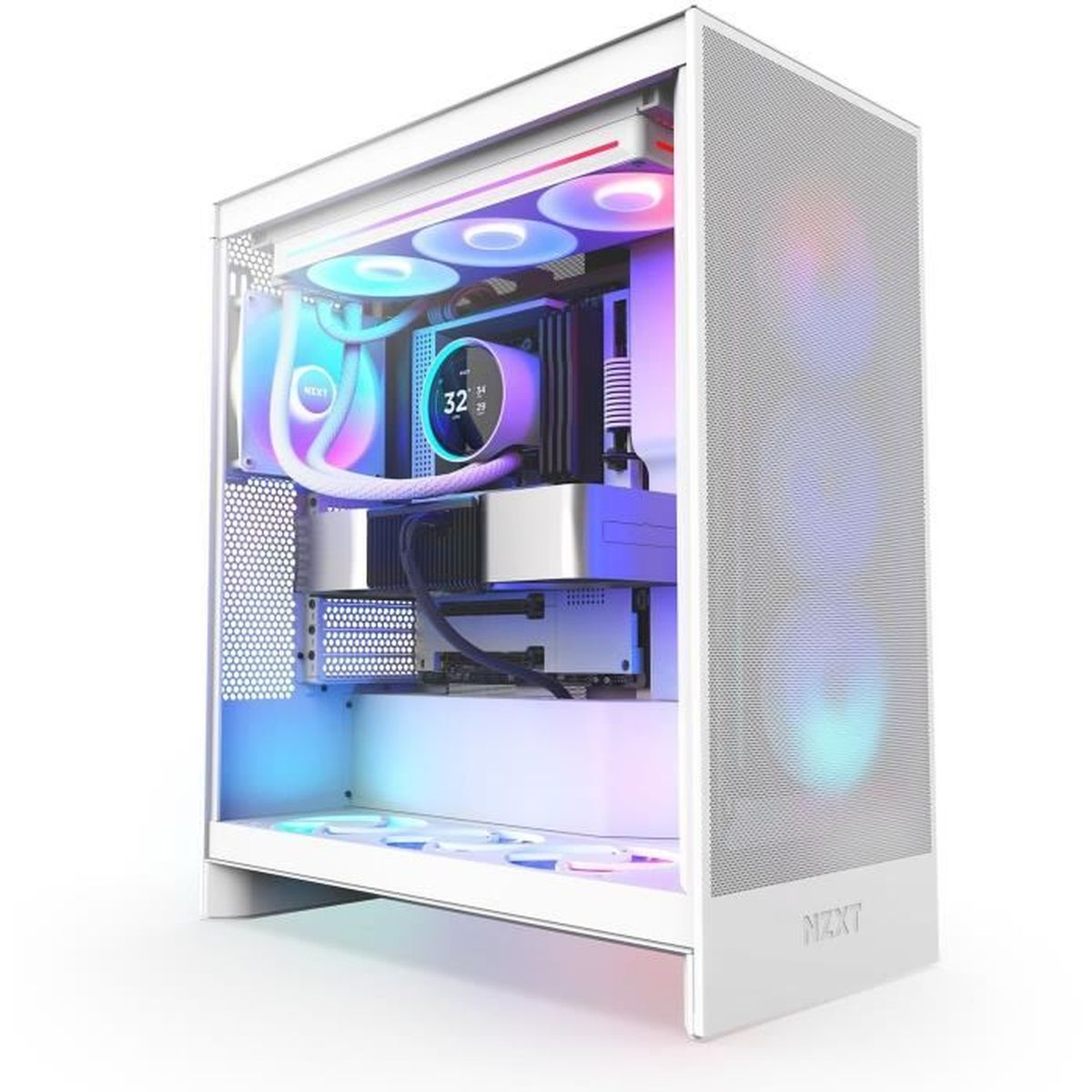 White computer case with neon lights. Inside, a water cooler with a screen showing 32 degrees is visible.