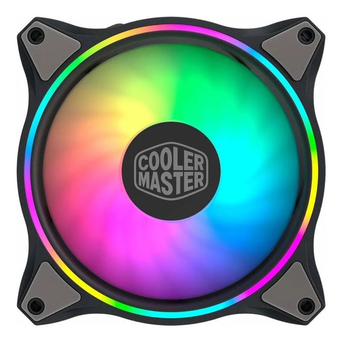 Una ventola per PC Cooler Master con luce LED arcobaleno. La ventola è nera con accenti grigi e ha il logo Cooler Master al centro.