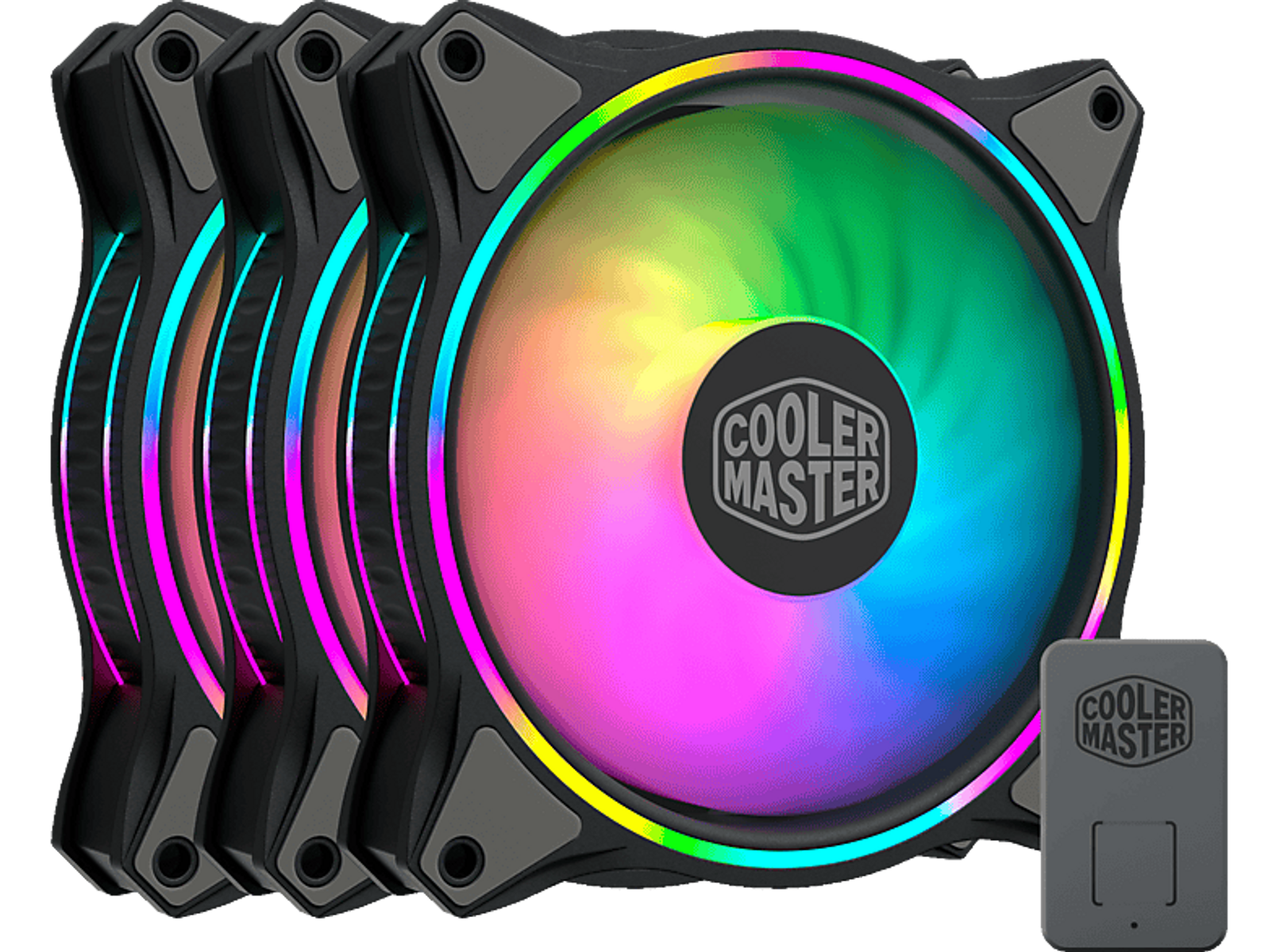 Diverse ventole per computer nere con luci LED colorate. È visibile anche un box di controllo Cooler Master.