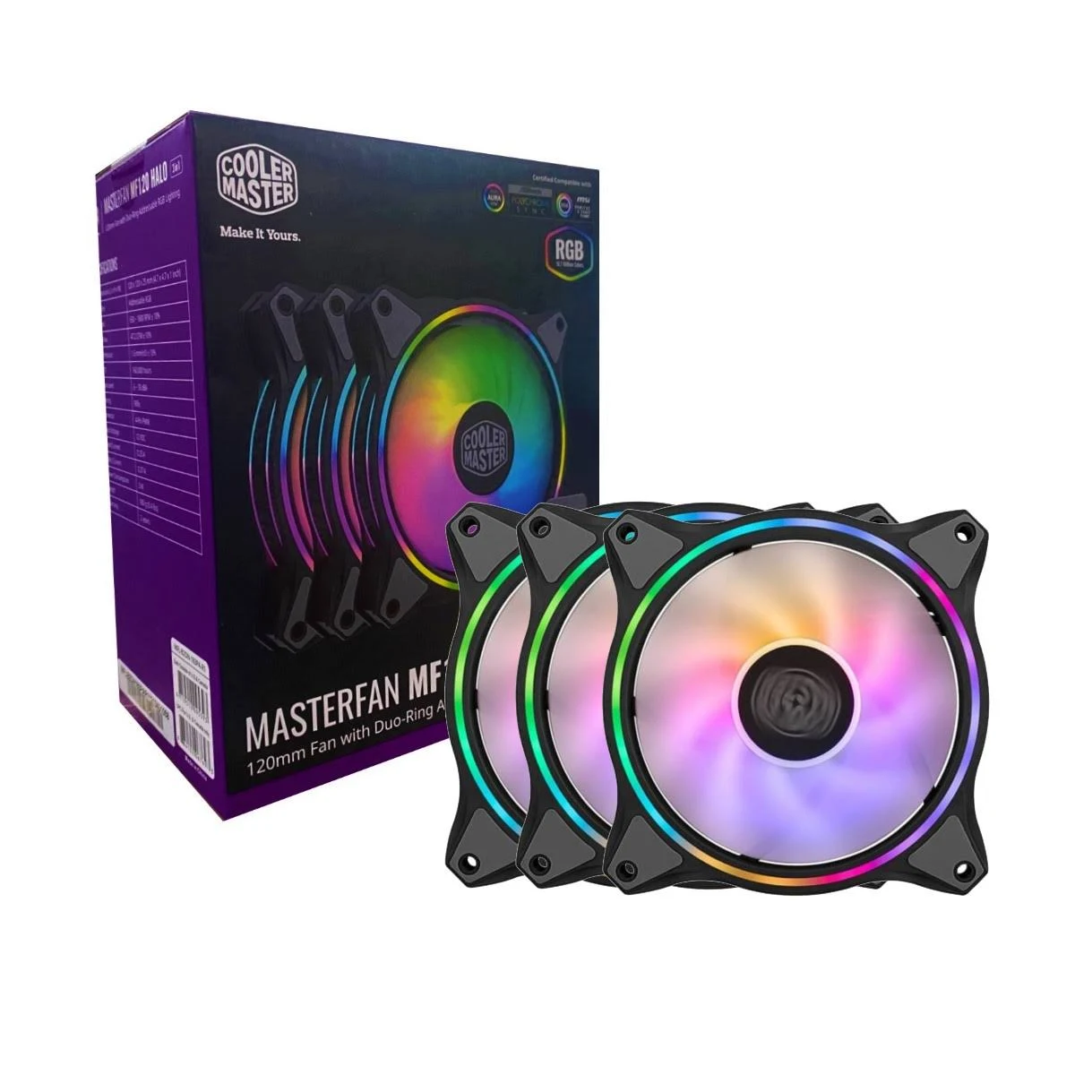 Una scatola del prodotto Cooler Master e tre ventole con illuminazione RGB. La scatola è viola e nera. Le ventole sono nere con luci colorate.