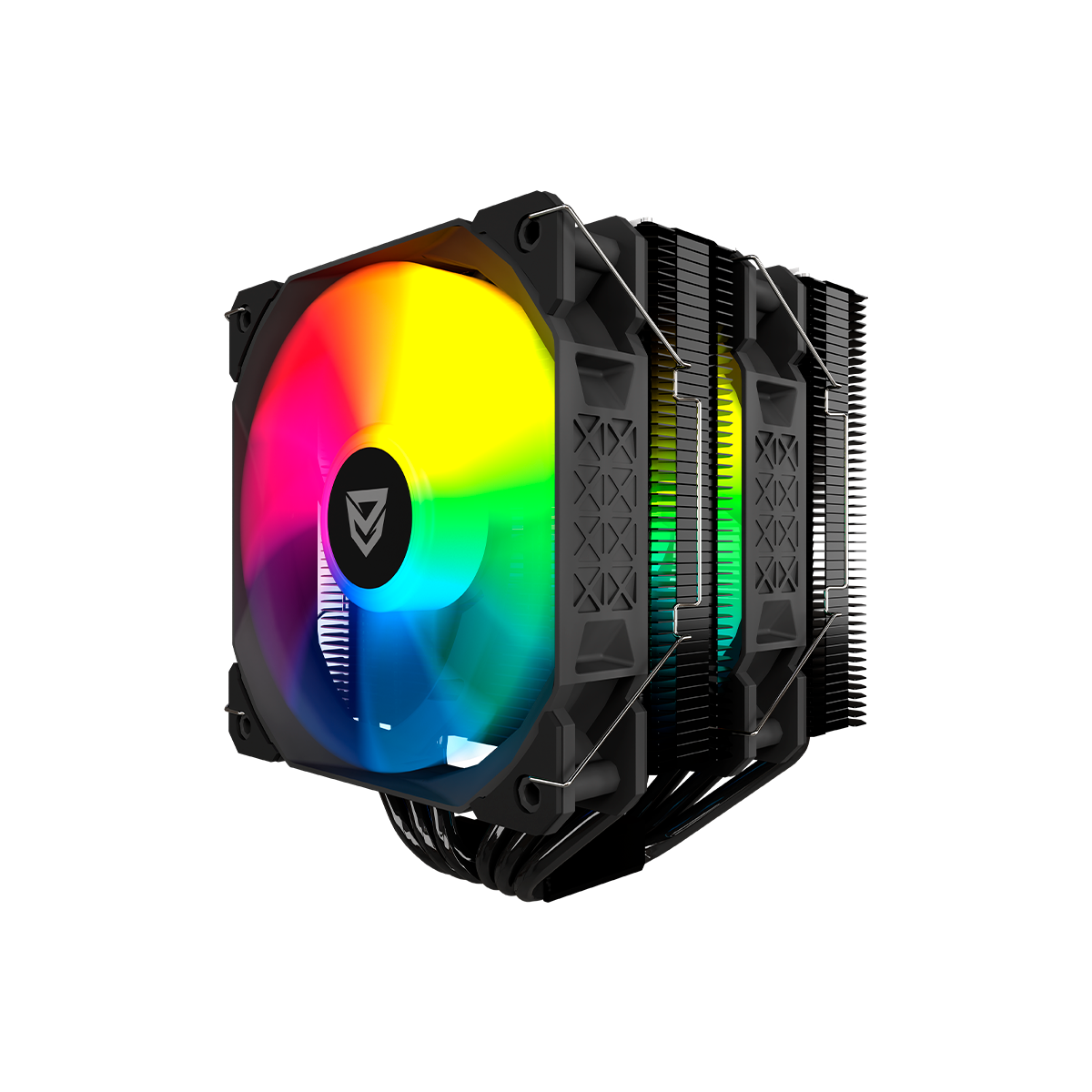 Un dissipatore CPU nero con una ventola RGB colorata. La ventola ha un logo al centro. Il dissipatore ha più dissipatori di calore.