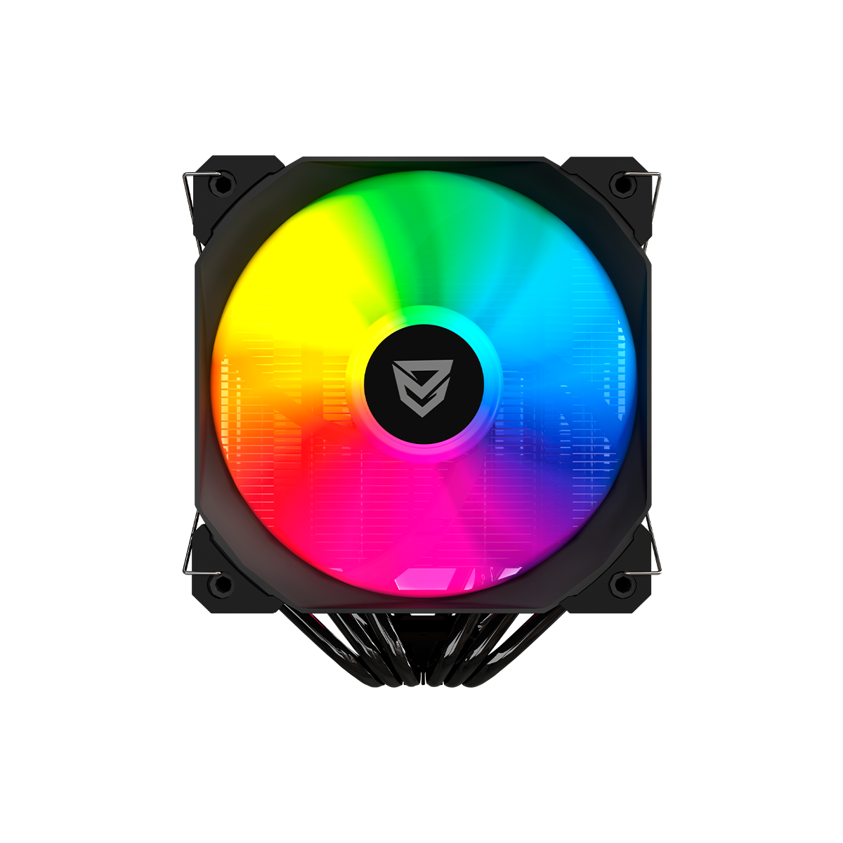 Una ventola per computer con una luce arcobaleno al centro e una cornice nera.