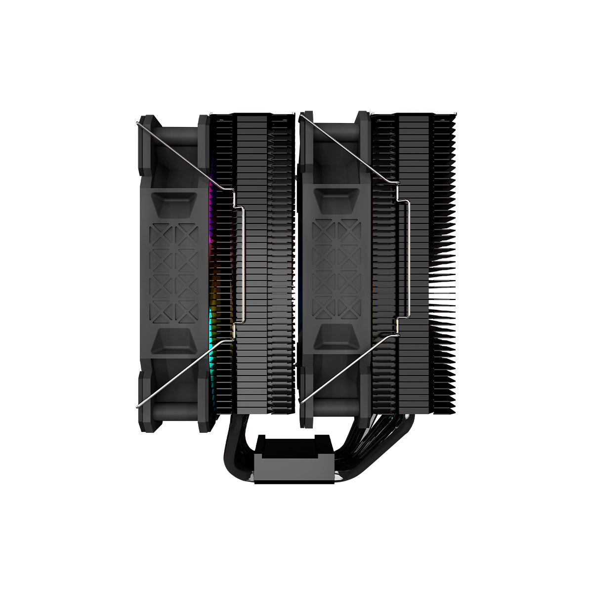 Un dissipatore CPU nero con due ventole, alette metalliche e luci LED colorate. È progettato per il raffreddamento dei computer.