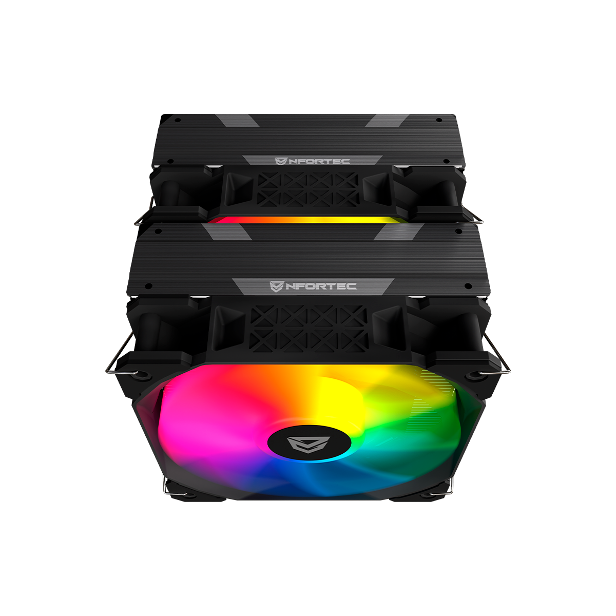 Un dissipatore per computer nero con una ventola colorata. Il dissipatore ha due dissipatori di calore neri impilati con il logo NFORTEC.