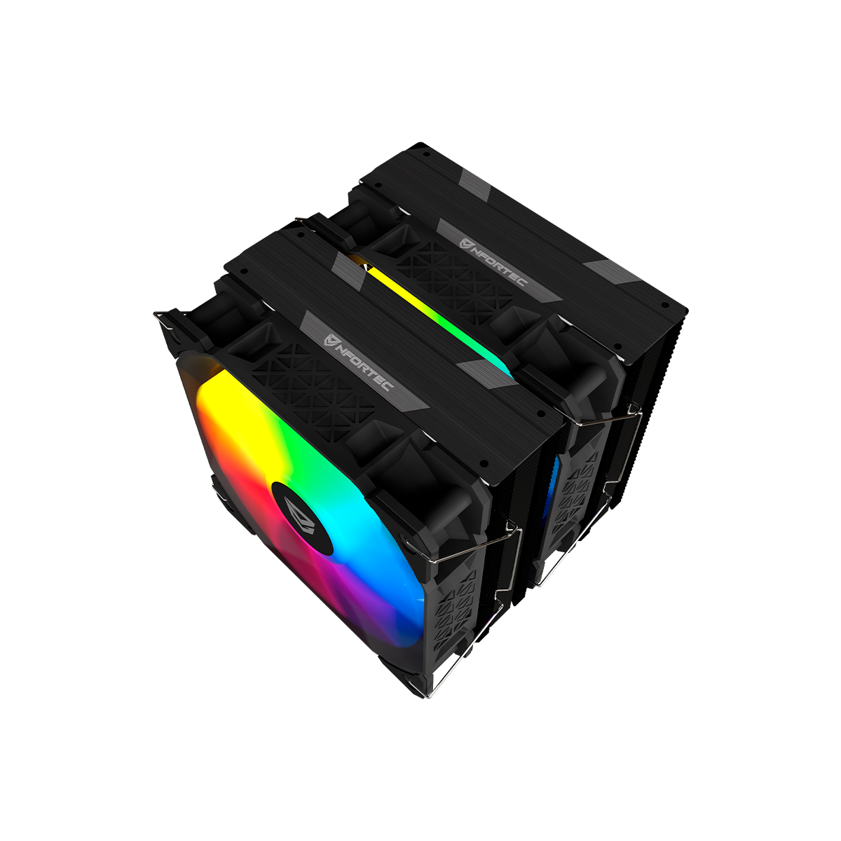 Un dissipatore CPU nero con ventole RGB. Le ventole mostrano un arcobaleno di colori. Il dissipatore ha il marchio 'NFORTEC'.