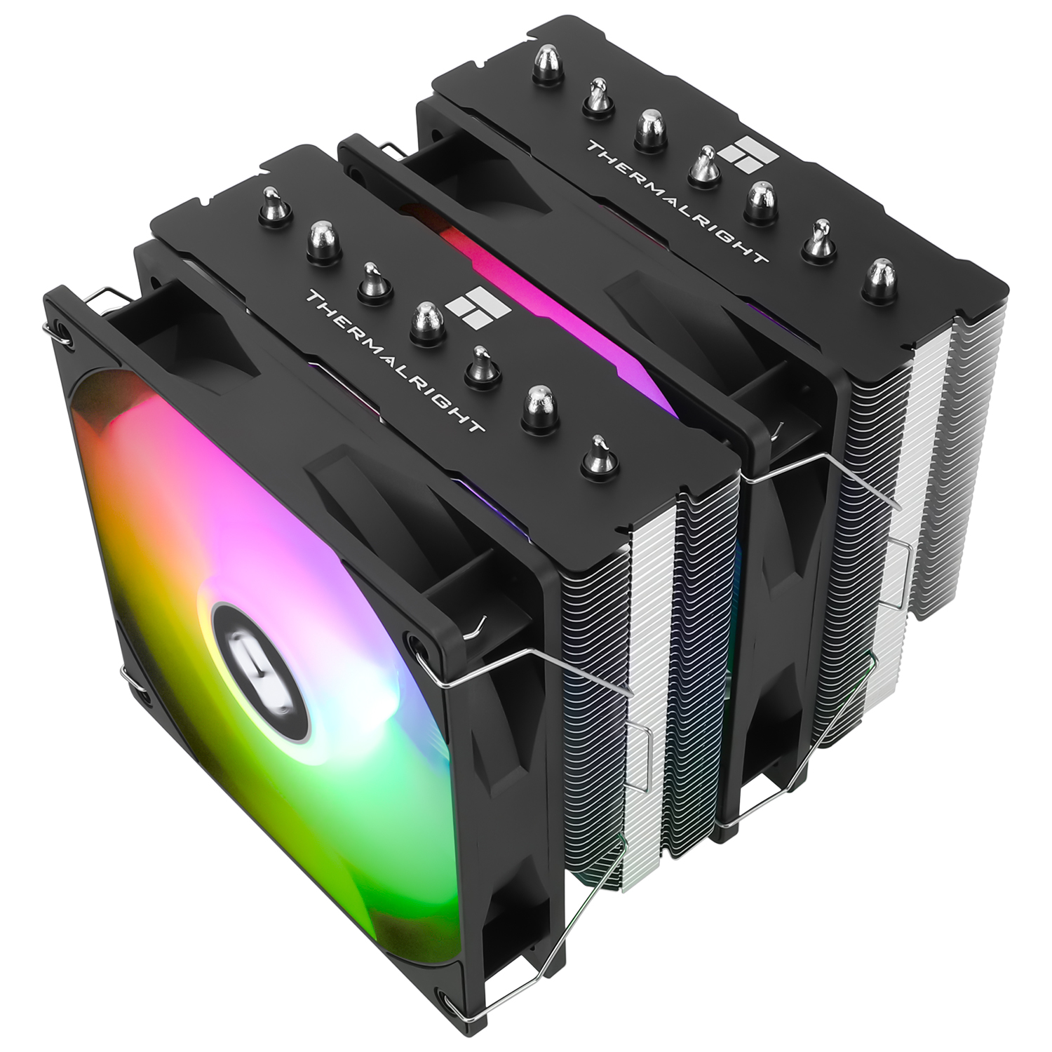 Ein CPU-Kühler mit mehreren schwarzen Kühlkörpern, silbernen Schrauben und Lüftern mit farbiger Beleuchtung. Die Marke THERMALRIGHT ist sichtbar.