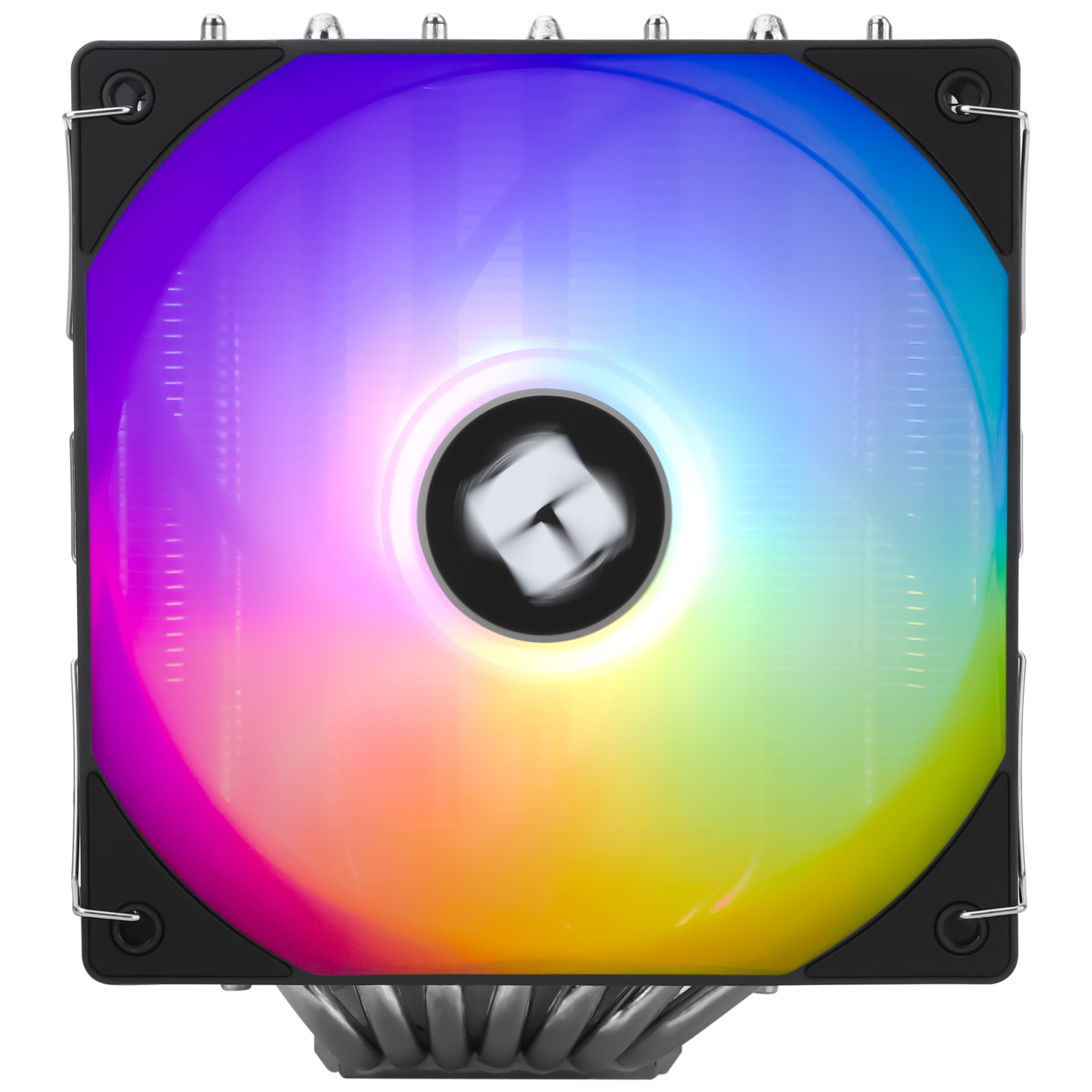 Ein CPU-Kühler mit einem Lüfter, der einen Regenbogen an Farben zeigt. Schwarzer Rahmen und silberne Details. Der Lüfter ist in Bewegung.