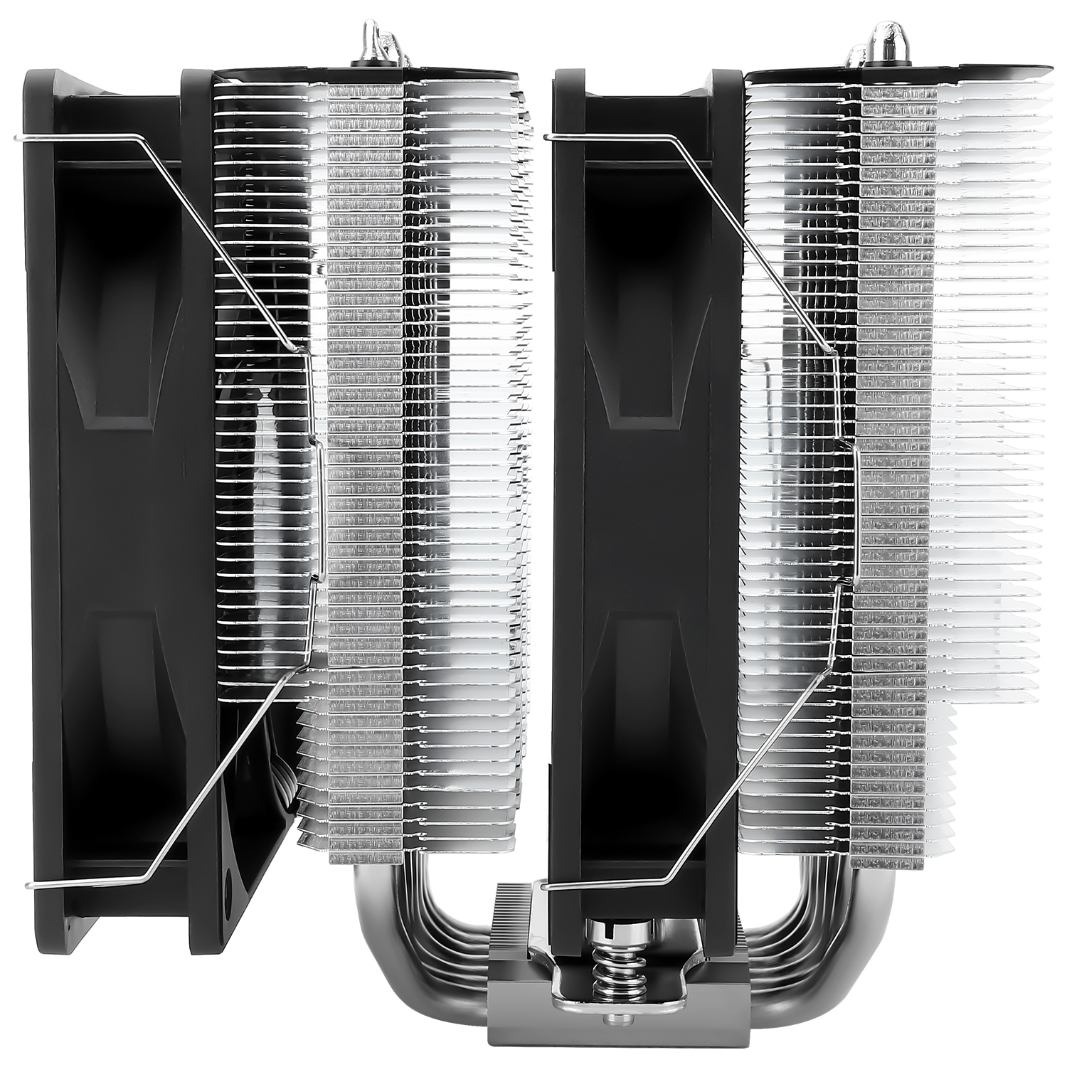 Ein CPU-Kühler mit schwarzem Rahmen und silbernen Lamellen. Er hat Heatpipes und einen Montagemekanismus.
