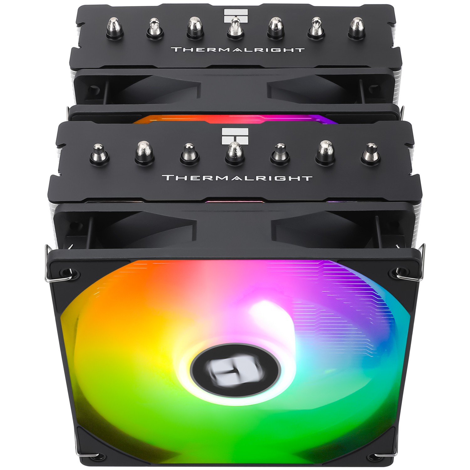 Schwarzer CPU-Kühler mit Regenbogenlüfter. Thermalright-Logo sichtbar. Silberne Schrauben oben. Schwarze Kühlkörper.